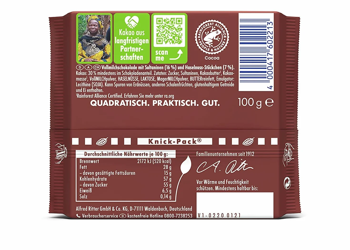 Nuevo diseño: RITTER SPORT uva nuez 100 g, chocolate con leche entera con uvas jugosas y nueces crujientes, chocolate de mesa con sabor a nuez afrutado