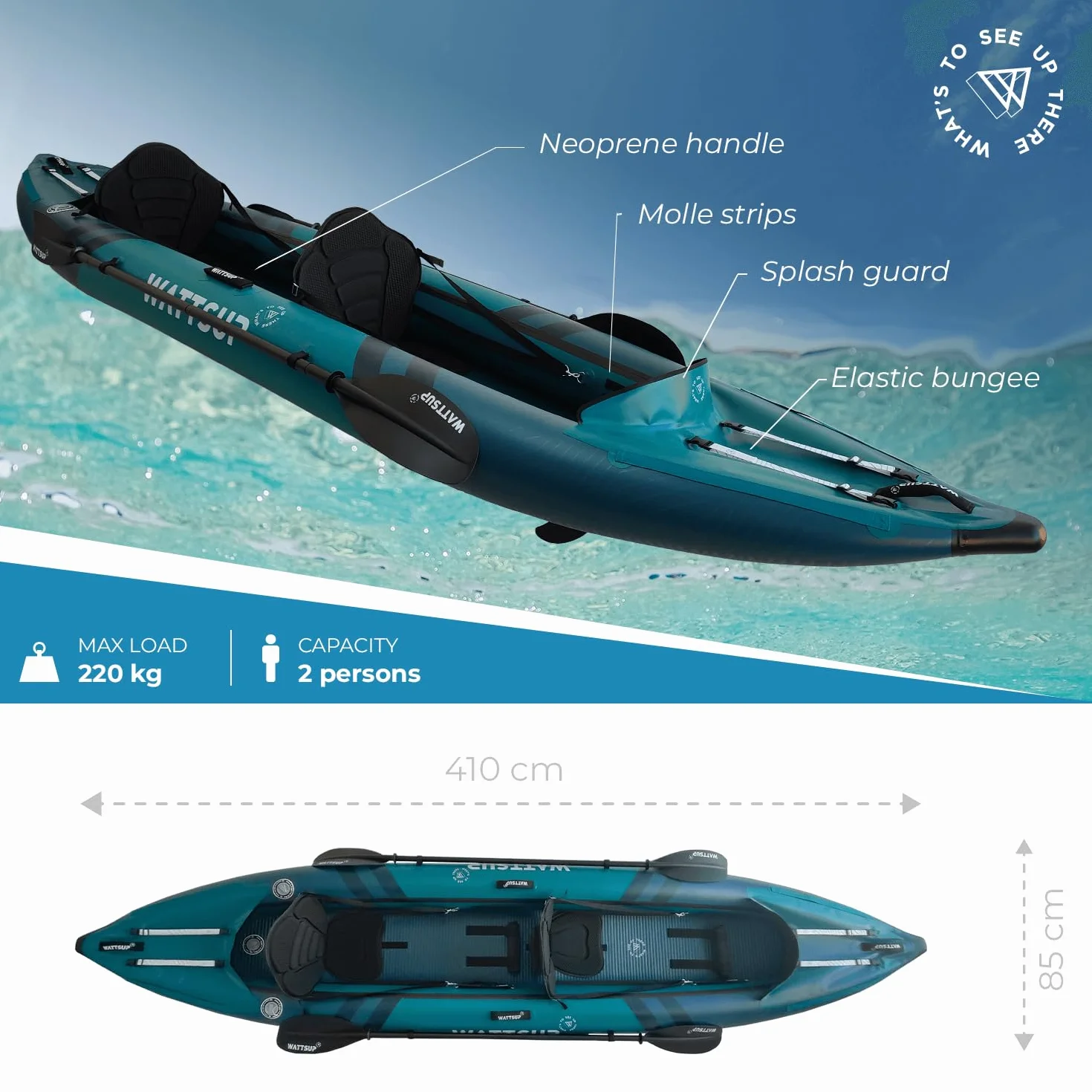 Wattsup Kayak Inflable 2 Plazas 410 cm x 85 cm PVC Laminado Dropstitch Pack Completo 220 kg