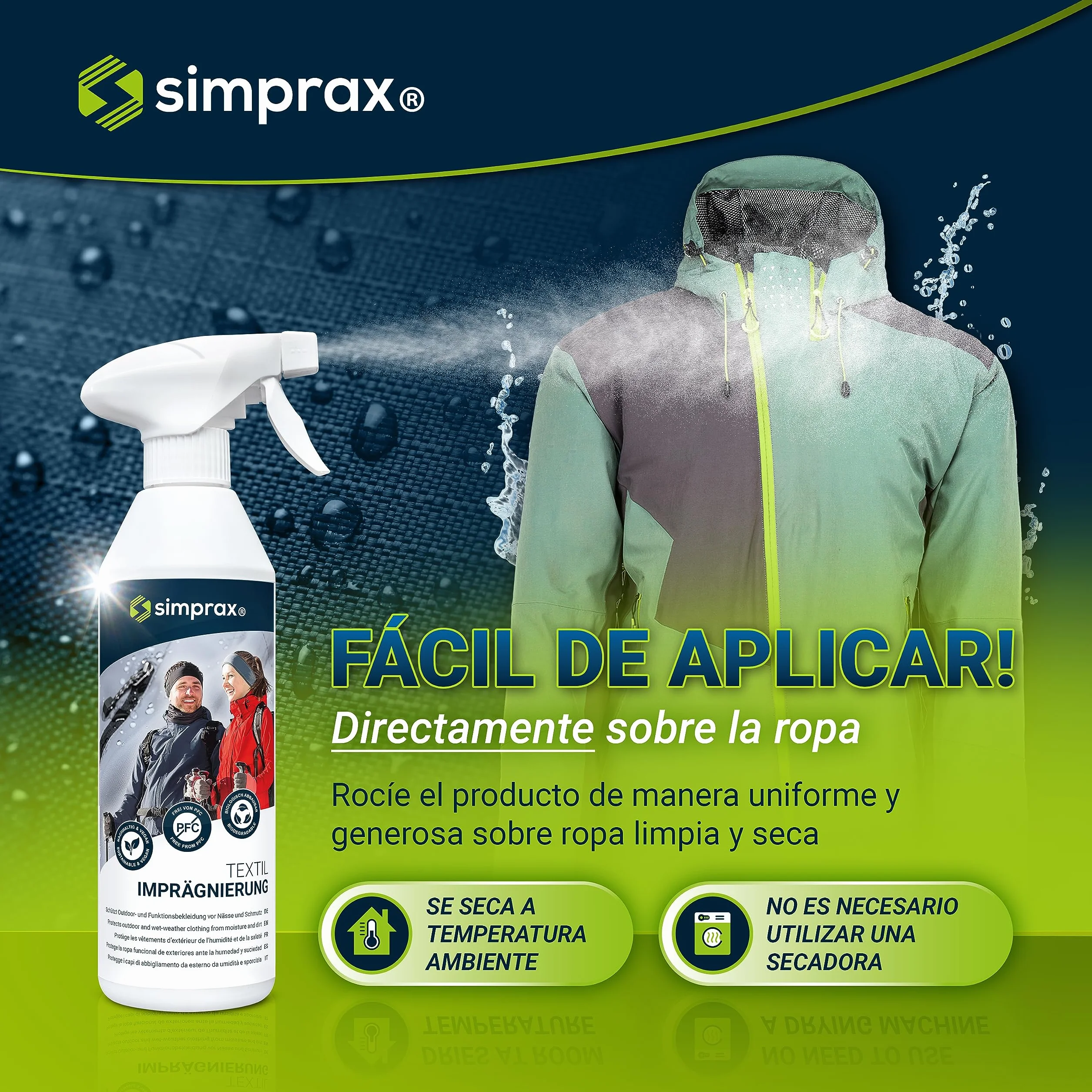 Spray Impermeabilizante Textil 500ml Ecológico para Ropa Técnica y GoreTex Softshell Sympatex