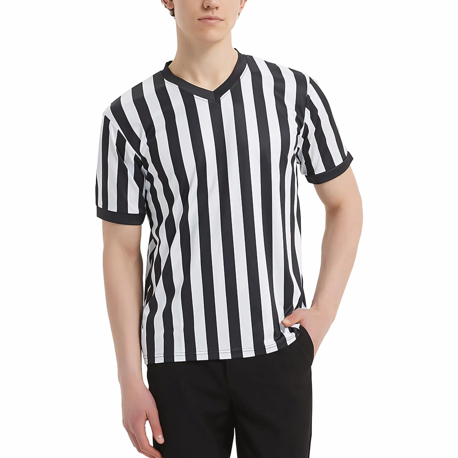 TopTie Camiseta de Árbitro Hombre Cuello de Pico Rayas Clásicas Blanco y Negro