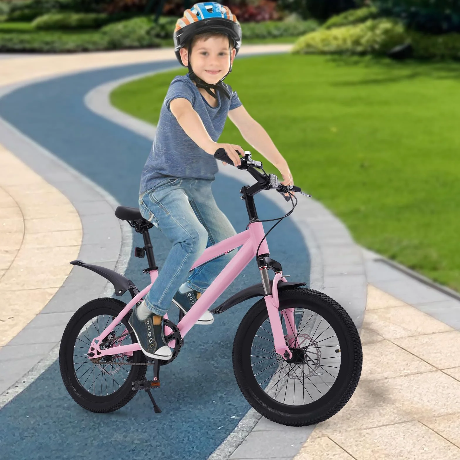 Bicicleta de montaña 18 pulgadas niños guardabarros reflectores freno pedal rosa negro