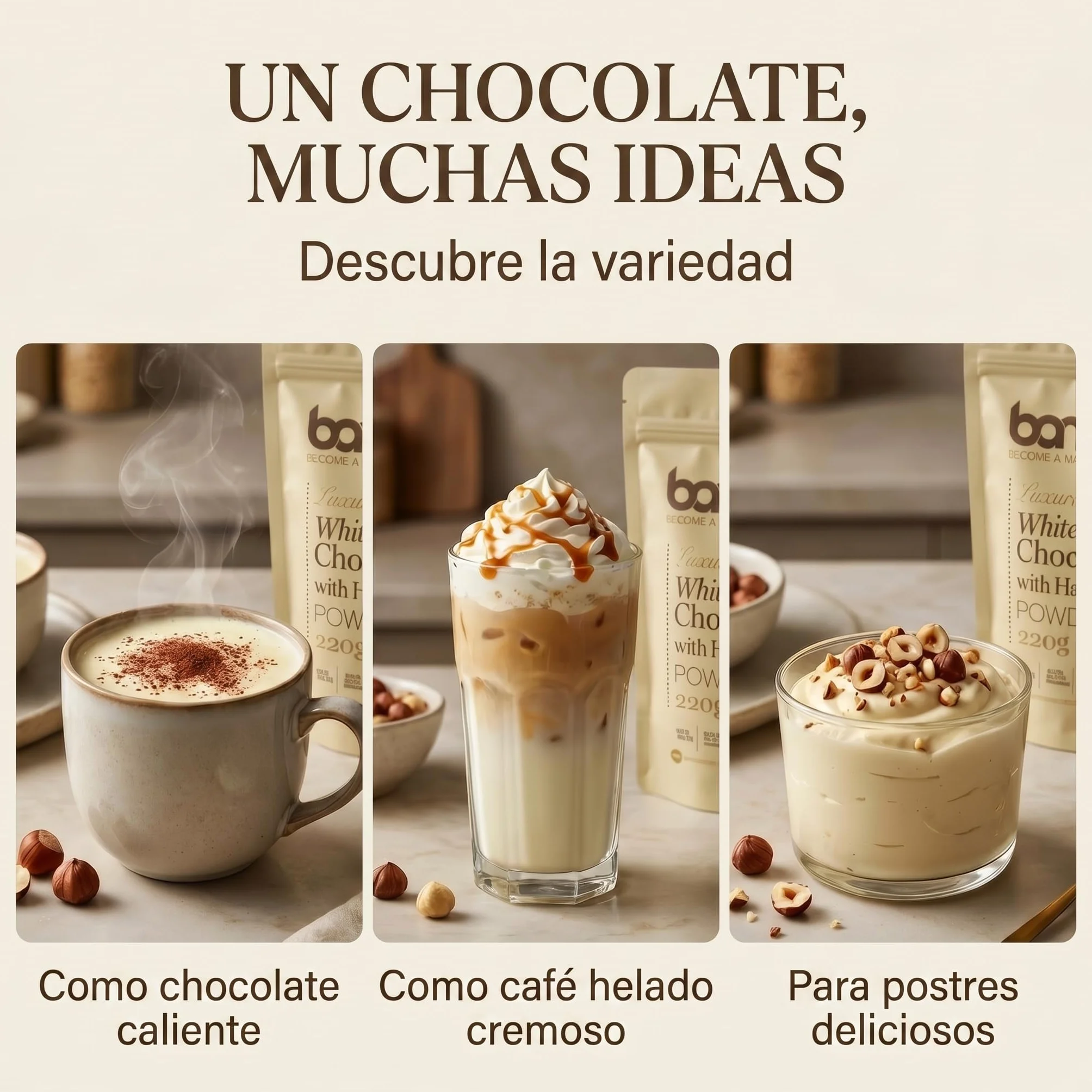 BAM Chocolate Blanco a la Taza con Avellanas, 220 g – Chocolate Caliente en Polvo – Preparado para Bebida Suave y Cremosa con Cuchara Medidora