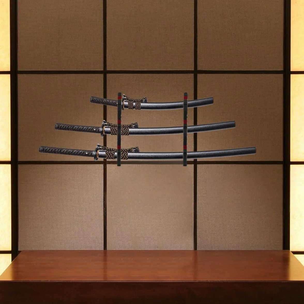 Soporte de pared para Katana de 3 niveles, madera, Marrón