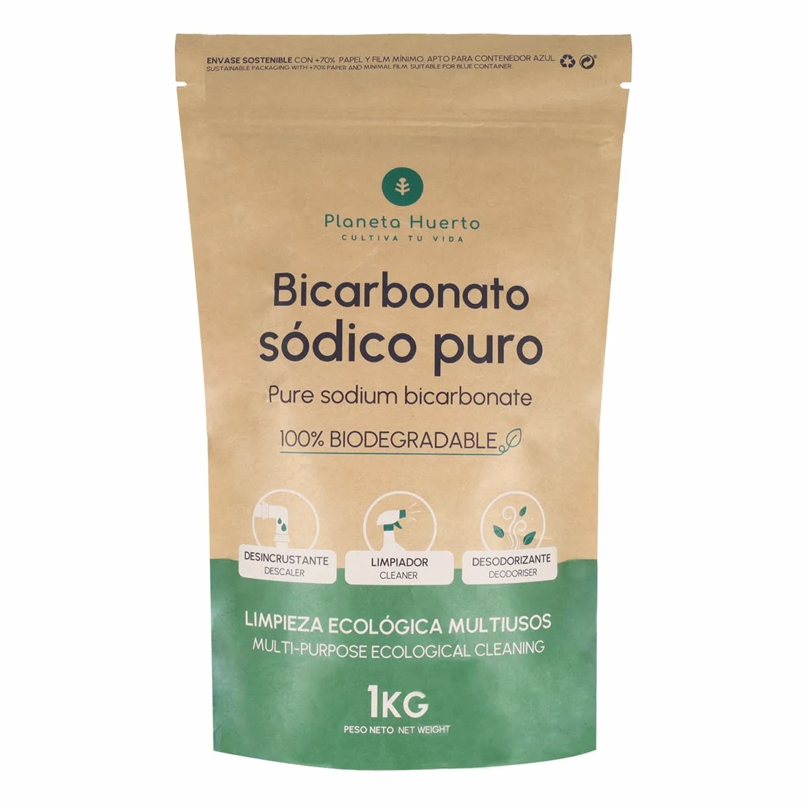 PLANETA HUERTO | Bicarbonato Sódico 1 kg - Multiusos, Hipoalergénico y Ecológico para Limpieza, Cocina y Más