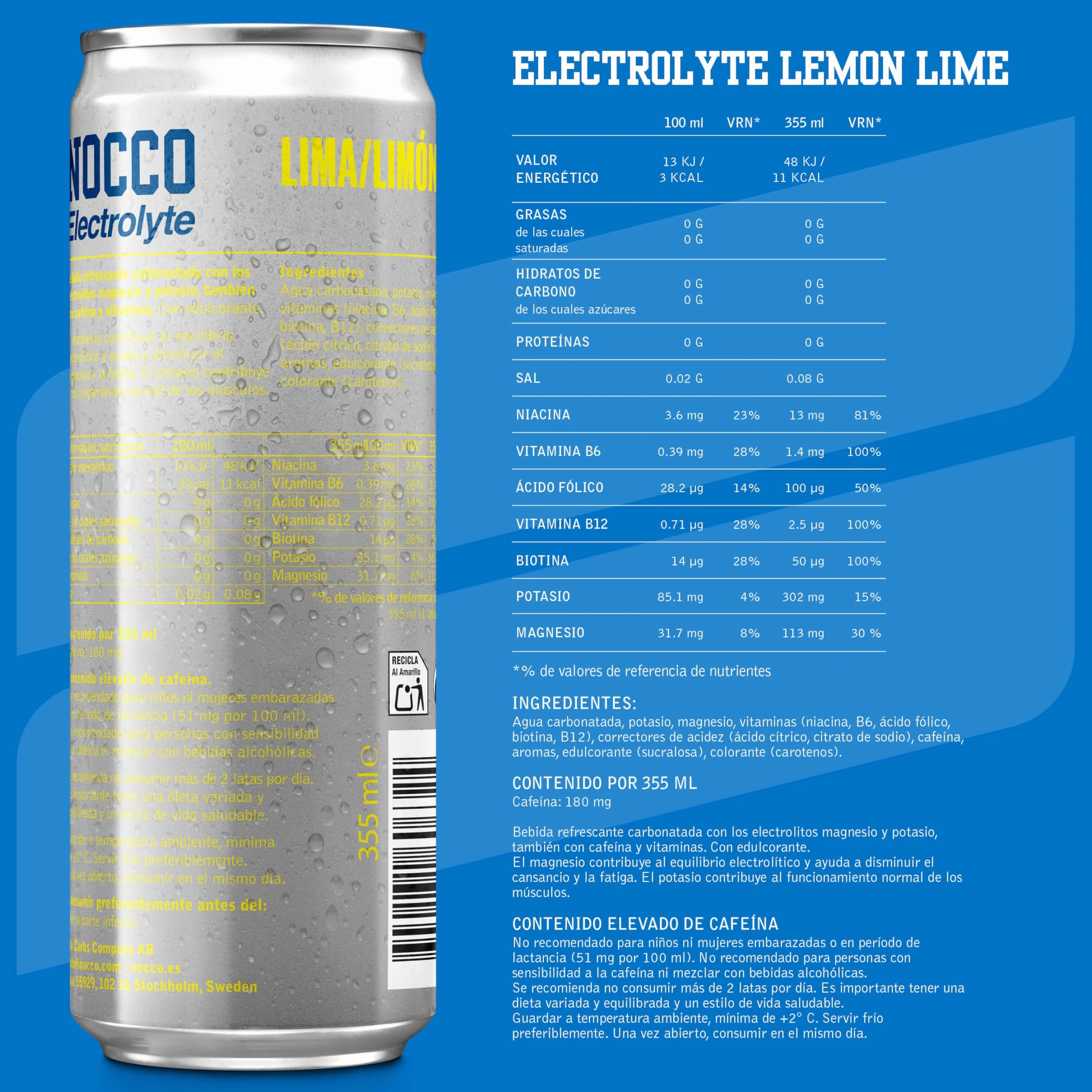 NOCCO Electrolyte Bebida Energética – con Magnesio y Potasio, 180 mg Cafeína, Sin Azúcar, con Vitaminas – 24 x 330 ml (Lemon/Lime)