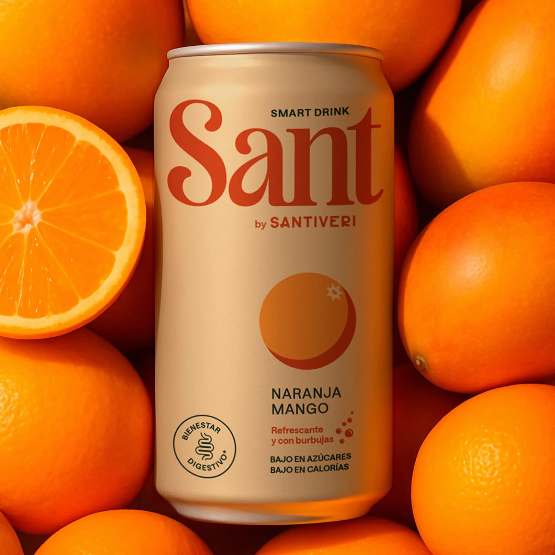 Santiveri - SANT Smart Drink, Bebida con Zumo Natural de Frutas y Fibra Prebiótica, Bajo en Calorías, Sin Azúcares, Ni Edulcorantes Artificiales - 12 Latas x 330 ml (Pack de 12, Naranja-Mango)