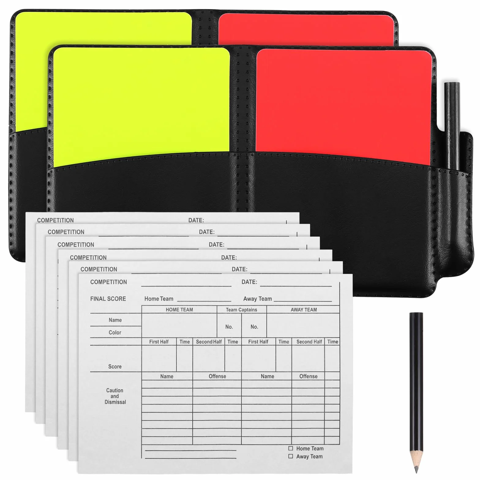 Juego de tarjetas de árbitro de fútbol rojo y amarillo con papeles de registro y hoja de puntuación