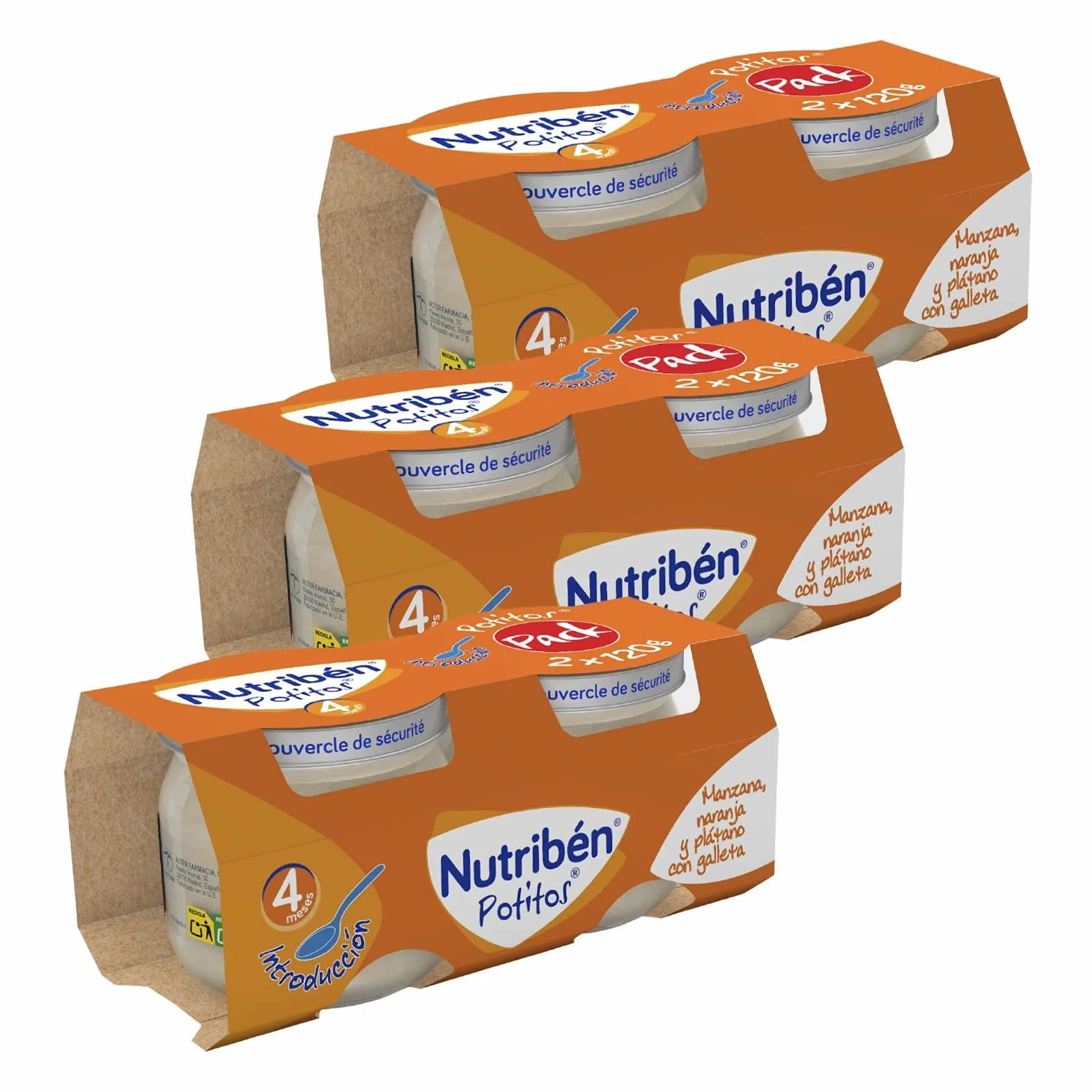 Nutribén Potitos Introducción A La Manzana, Naranja Y Plátano Con Galleta Desde Los 4 Meses, 3 Bipacks (6 X 120 Gr.)