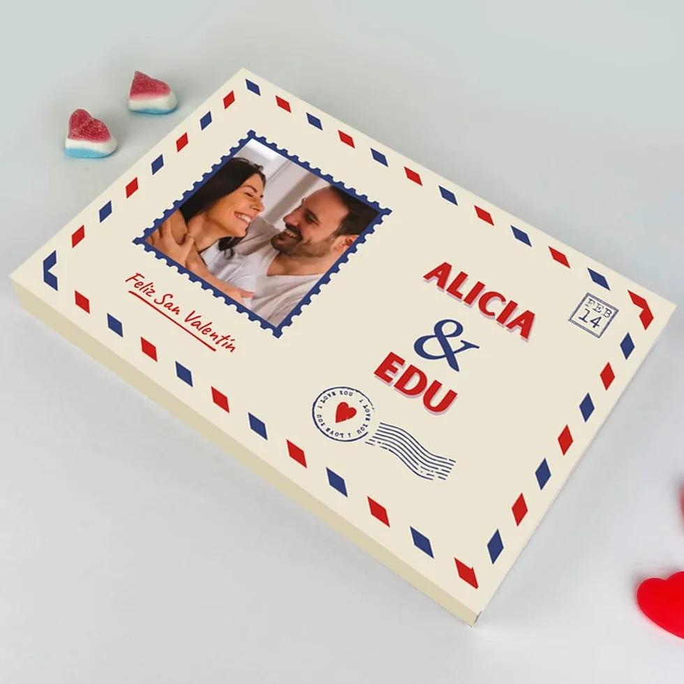 Transparent Gift Caja de Chuches Postal Personalizada con Foto y Textos. Cajas de Dulces. Regalos Originales para Mujer y Hombre. Regalos Personalizados para Parejas en San Valentín y Aniversario
