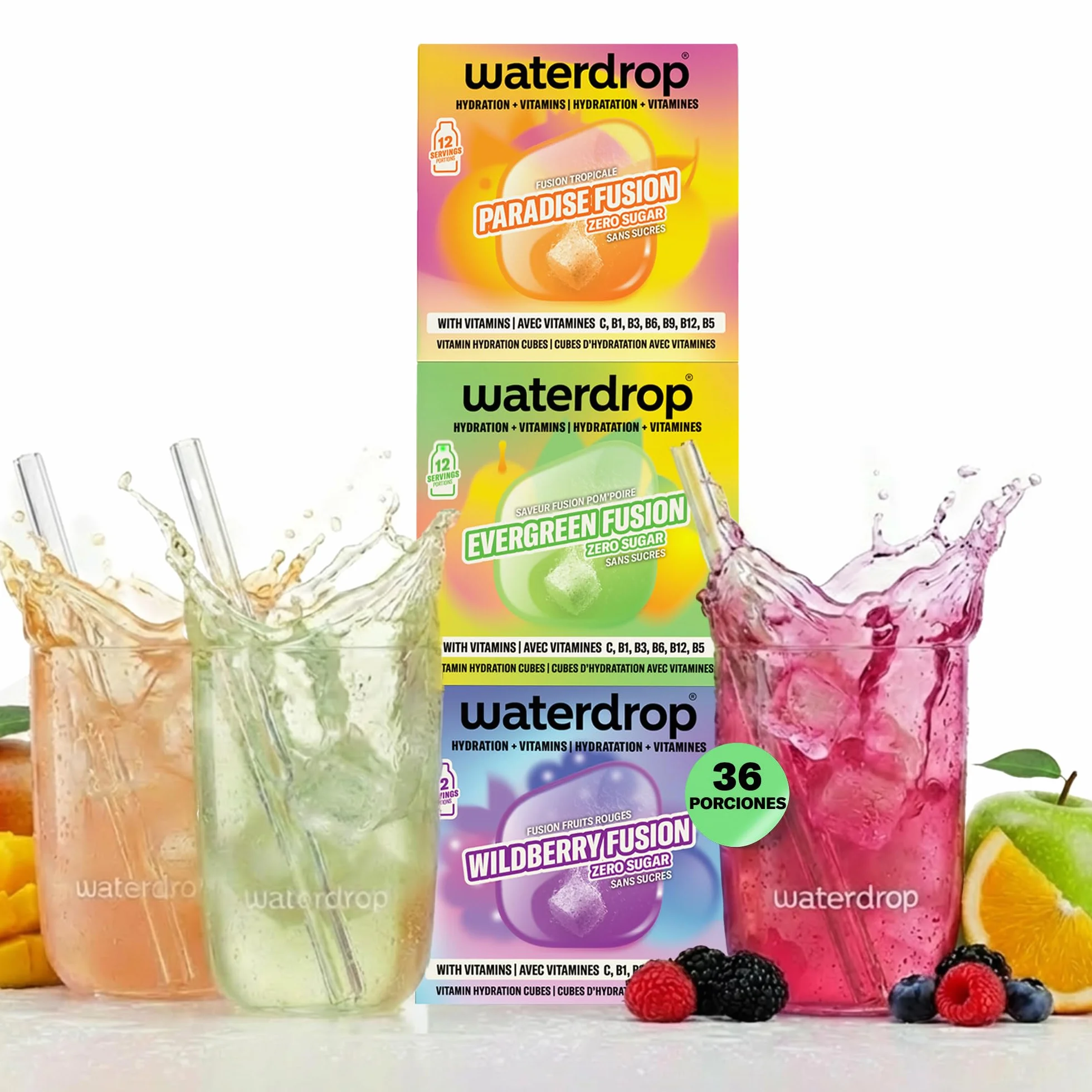 waterdrop® Microdrink FUSION COLLECTION - Set de 36 Pastillas Saborizantes para Agua - Mix de Frutas - Vitaminas C y B12 - Sin Azúcar y Bajo en Calorías - Alternativa Saludable a los Refrescos