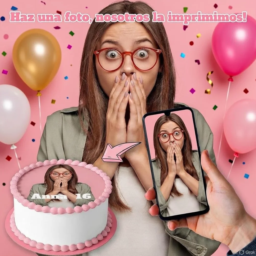OBLEA o PAPEL DE AZÚCAR *PREMIUM* - Foto Comestible Personalizada para Tartas con Foto, Nombre y Edad - Calidad Fotográfica HD - Colores Vivos - Rectangular
