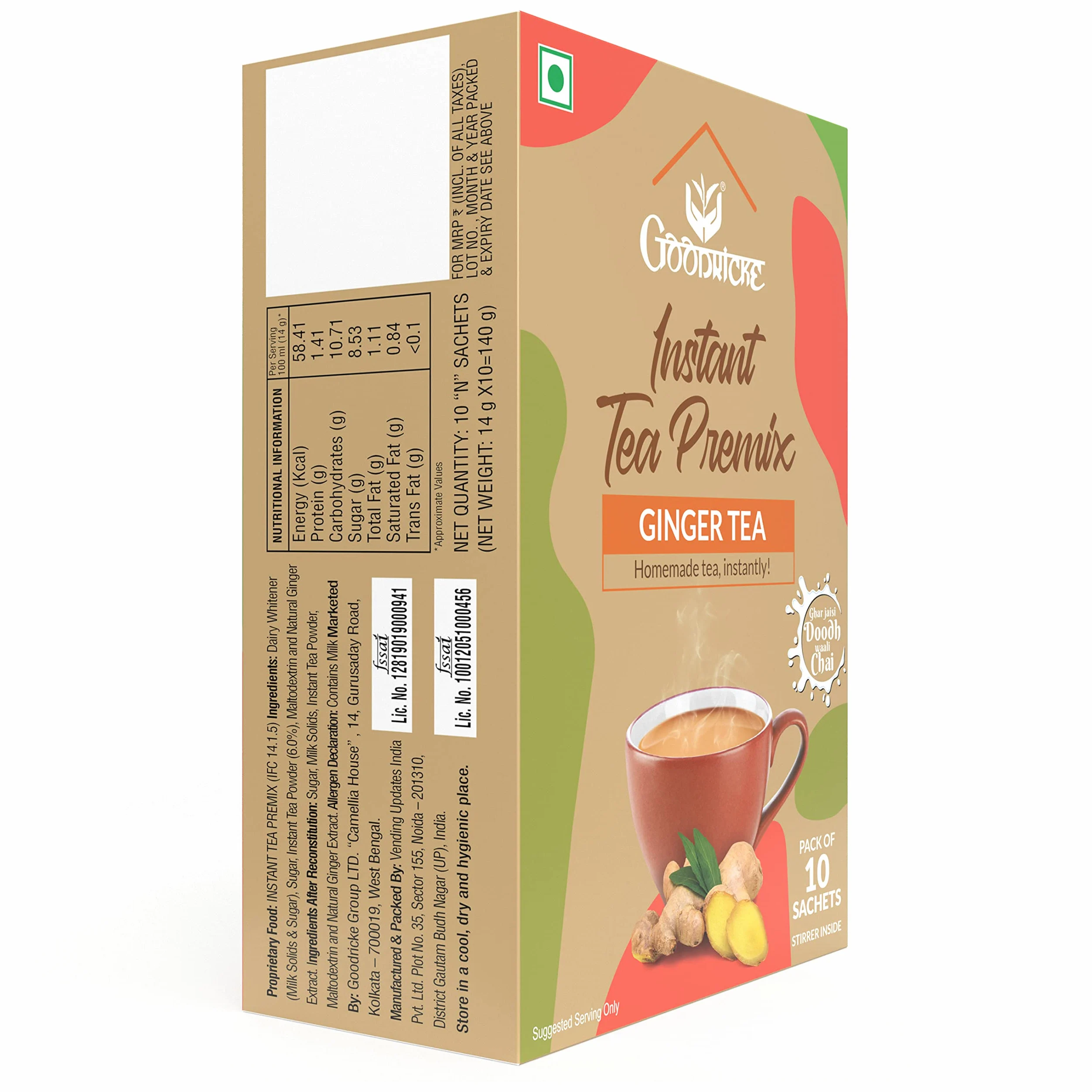 Goodricke Instant Tea Premix - Té de jengibre (2 x 10 bolsitas) | Adrak Chai | Bolsitas de té instantáneo premix de jengibre