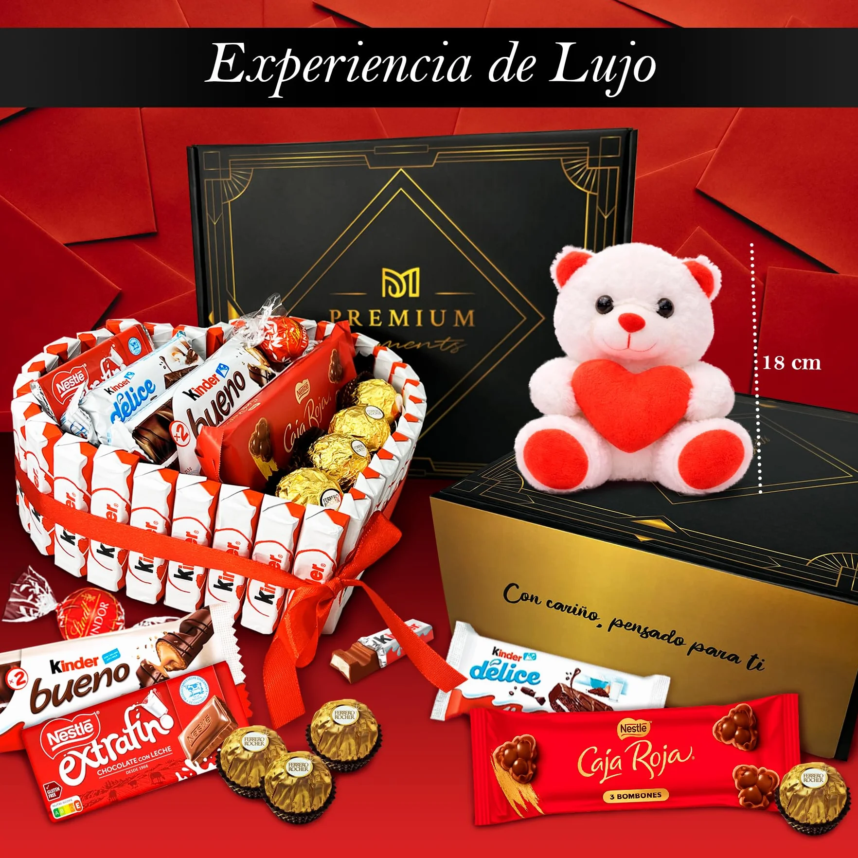 Corazón Sorpresa Regalo Dia del Padre con +40 Bombones y Chocolates – Ferrero Rocher, Lindt Lindor, Caja Roja, Kinder – Tarjeta Personalizada y Presentación Especial
