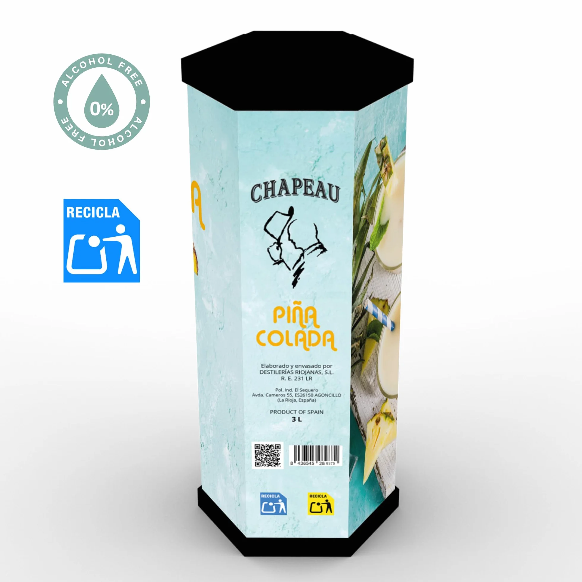 Piña Colada SIN ALCOHOL CHAPEAU – El sabor del Caribe, sin consecuencias | 3 L. Bag in Box Hexagonal | Sin azúcar añadido | Ideal para embarazadas, conductores y gente con buen gusto