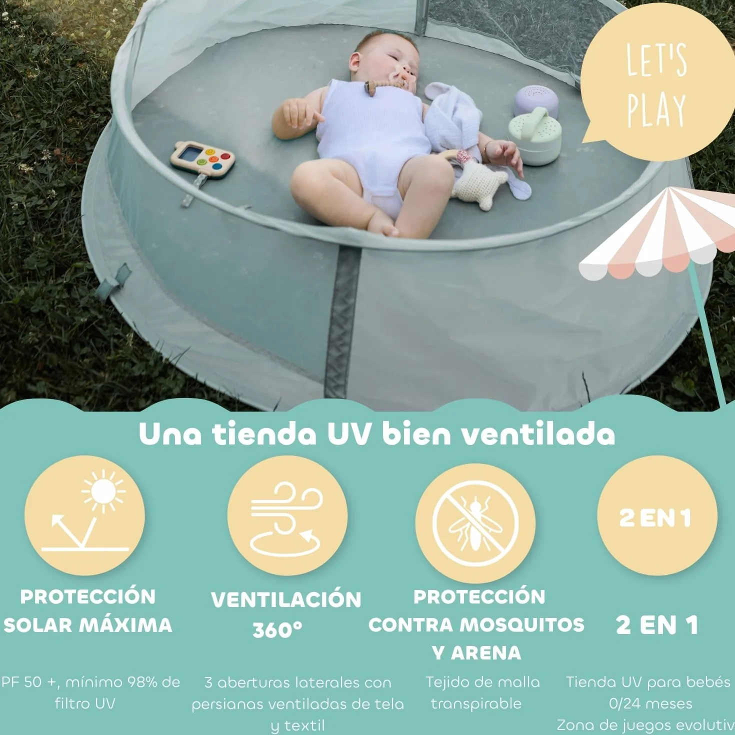 BÉABA Breezynest Tienda De Playa Para Bebé 2 En 1, 0–24 Meses, UPF50+, Protección Solar UV, Ventilación 360°, Mosquitera, Sistema Pop-Up, Caqui