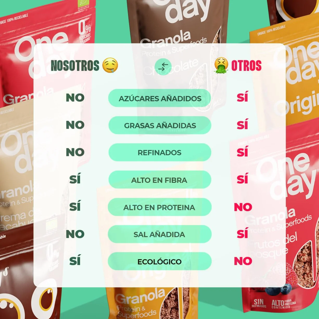 ONE DAY Granola Ecologica Sin Azucares Añadidos Alto en Proteína con Superfoods Pack 6 x 300g
