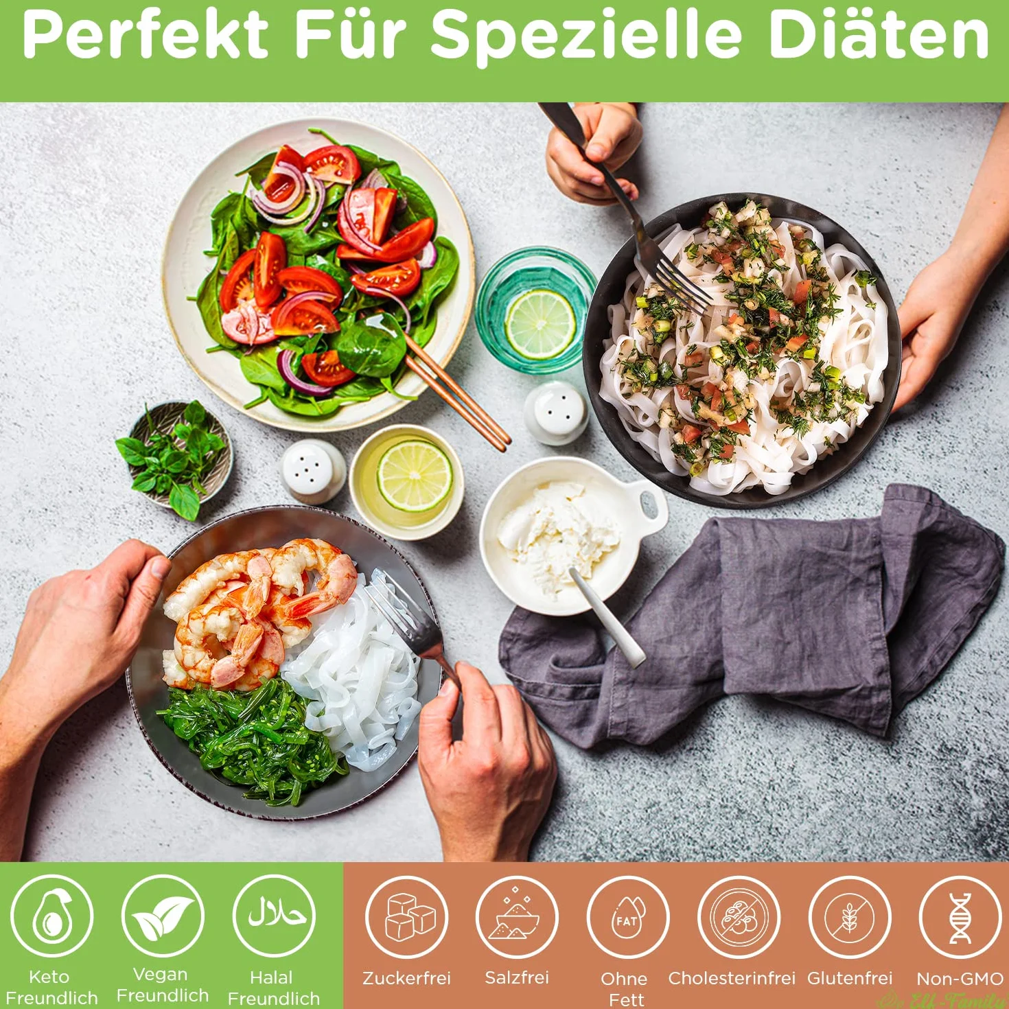 Elf-family Bio Pasta Konjac Keto Carbohidratos Ultrabajos/Vegano/Sin Gluten 270 g x 1 cajas(2 paquetes), Fideos Konjac Noodles Shirataki Noodles/Sin azúcar/Bajo en Calorías - Spaghetti
