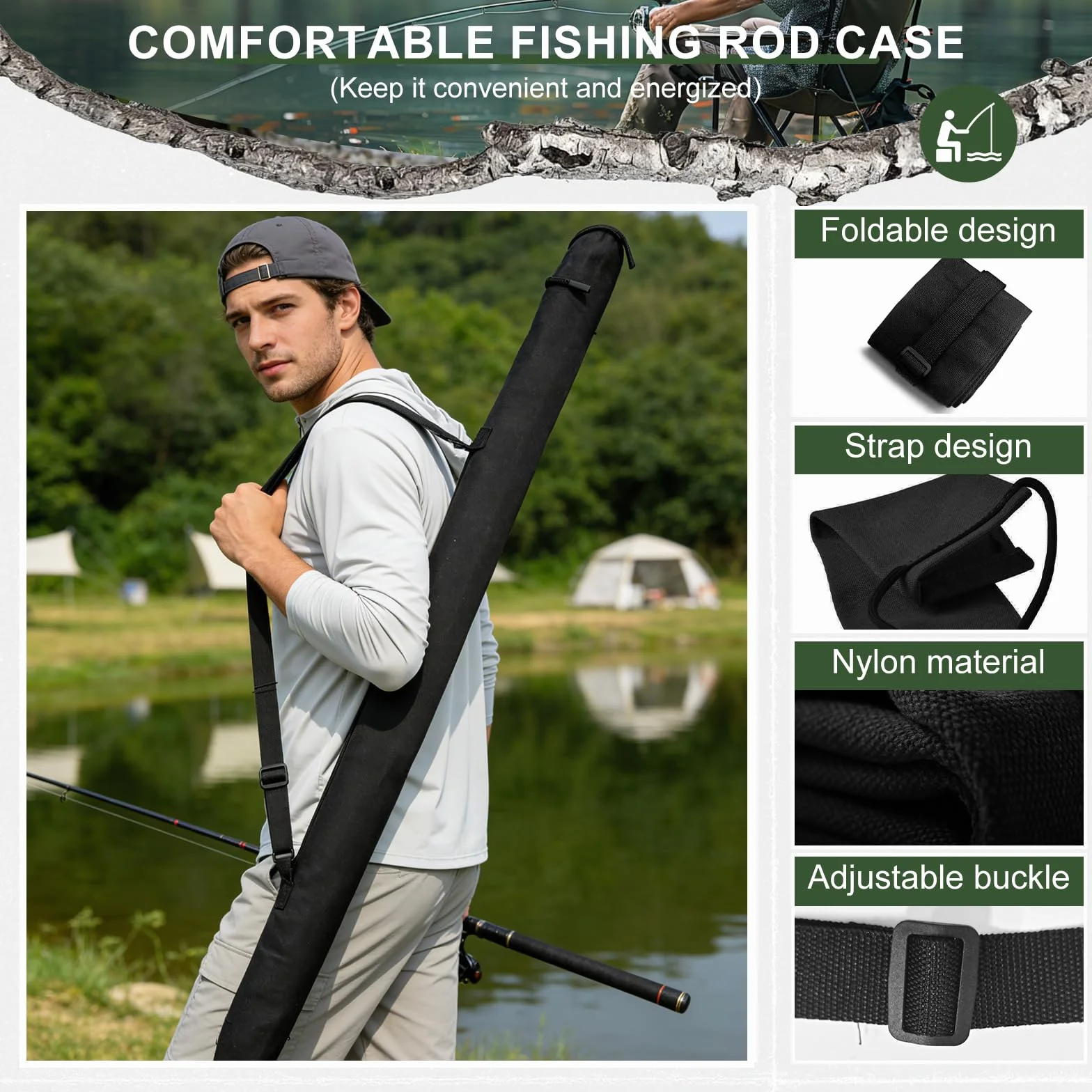 Soporte Cañas de Pescar Mochila Pesca 130x13cm Porta Cañas 2-3 Cañas Accesorios Correa Ajustable Funda Transporte Negro