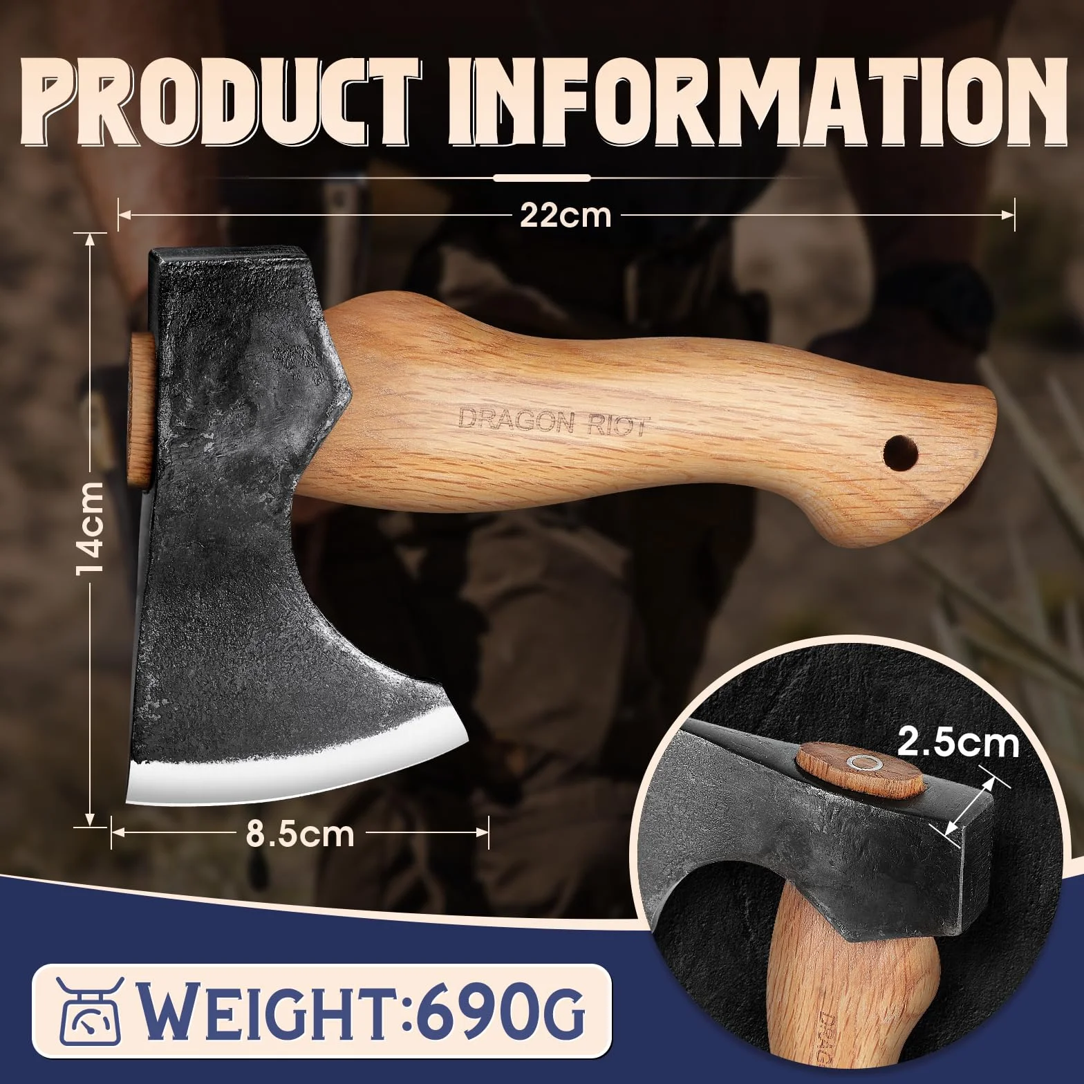 Hacha de Vikinga DRAGON RIOT 22 cm, Hacha Leña Forjada a Mano, Hacha Bushcraft con Funda