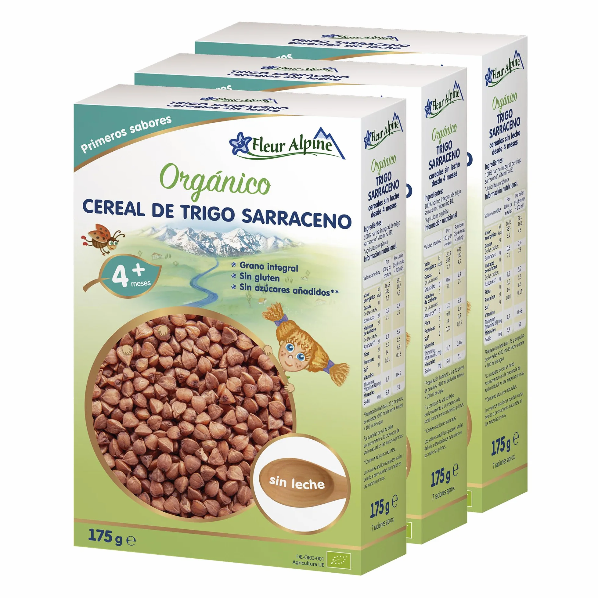 FLEUR ALPINE Alimentos para Bebés | Paquete x3 Cereales Orgánicos de Trigo Sarraceno - Gachas para Desayunos | Gachas Nutritivas Instantáneas Sin Gluten 4+ Meses Sin Azúcares Añadidos | 3x7 Porciones