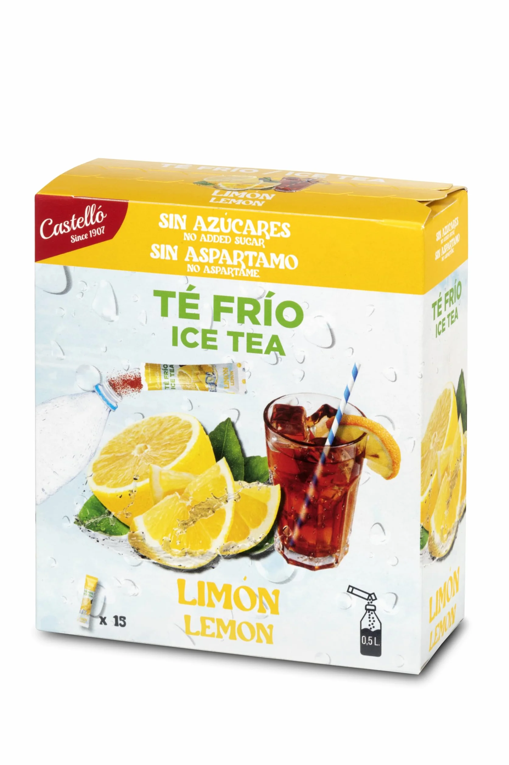 Castello since 1907 Té Frío (Ice Tea - Iced Tea) Zero & Instantáneo | Limón | 15 sobres | 1 sobre = 500 ml de Té | 0 Calorías | 0 Azúcar | 0 Aspartamo