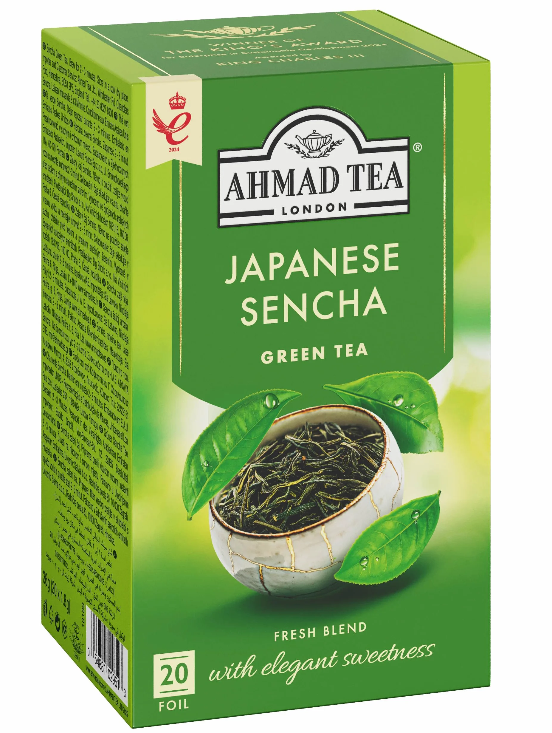 Ahmad Tea Japanese Sencha - Te verde con hojas tradicionales - Bolsitas de te selladas individualmente con 1,8 g de te por porcion - 20 bolsitas de te (paquete de 1)