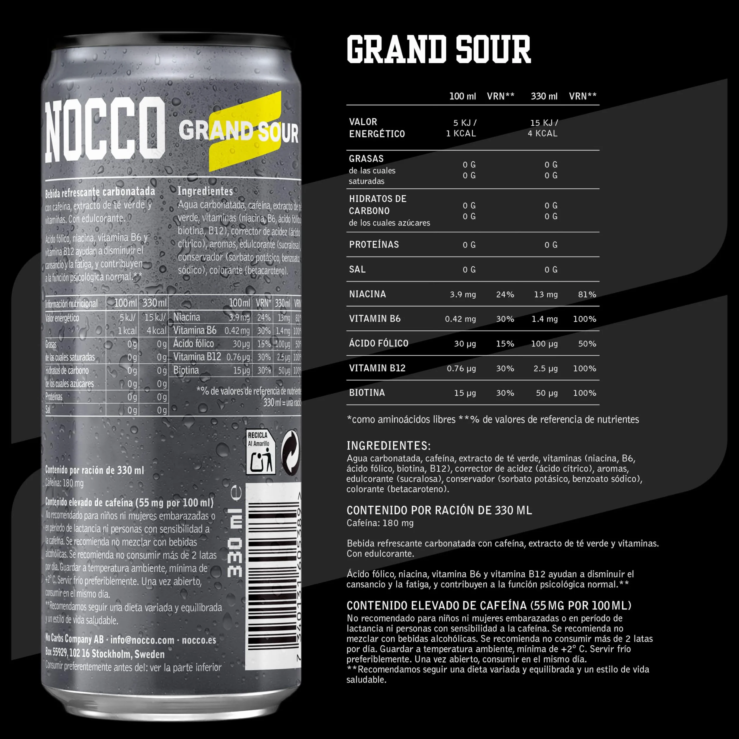 NOCCO -Bebida Energética con 180mg Cafeína, Enriquecida con Vitaminas B6 y B12, Sin Azúcar, Sin Carbohidratos - 24 x 330ml inkl. Pfand (Grand Sour)