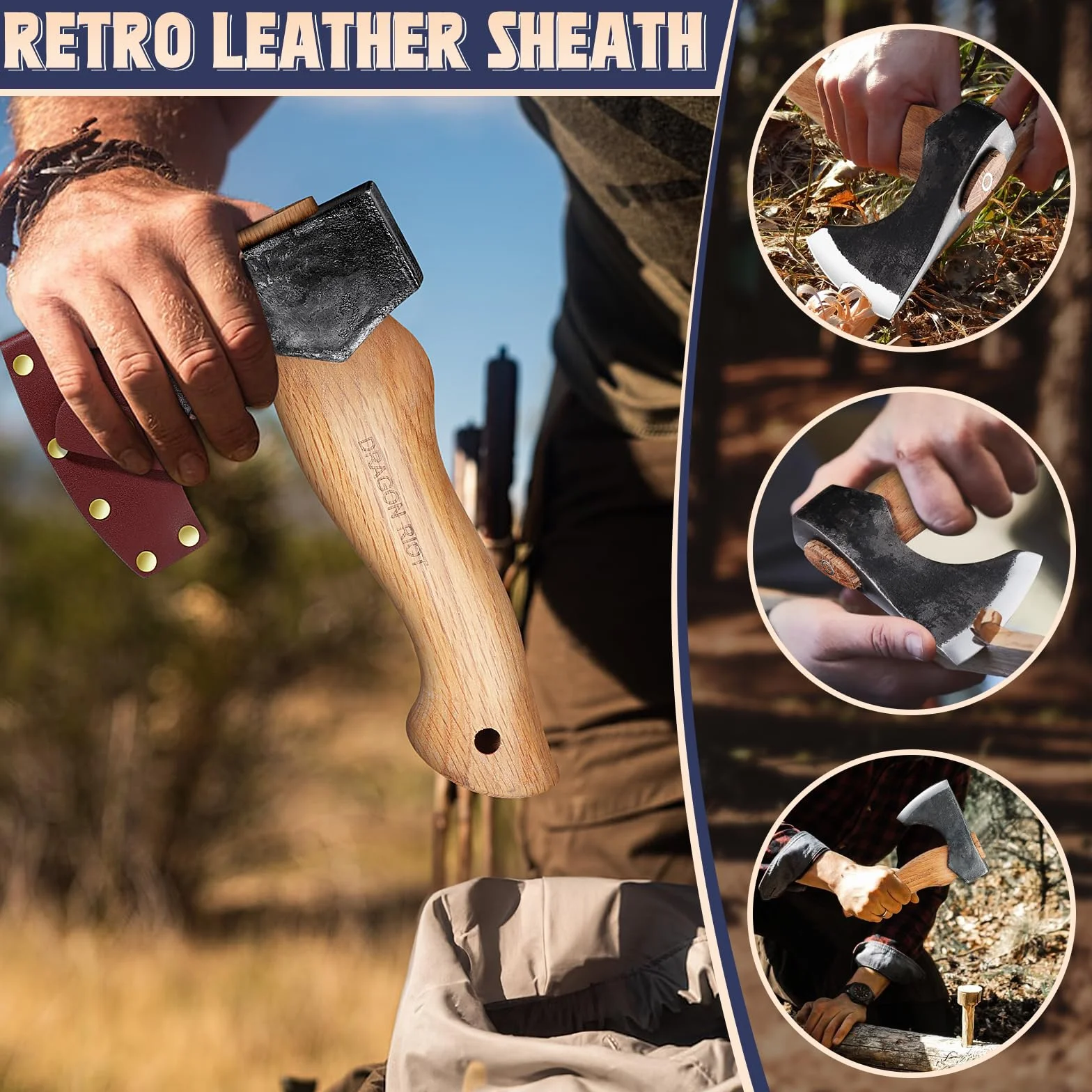 Hacha de Vikinga DRAGON RIOT 22 cm, Hacha Leña Forjada a Mano, Hacha Bushcraft con Funda