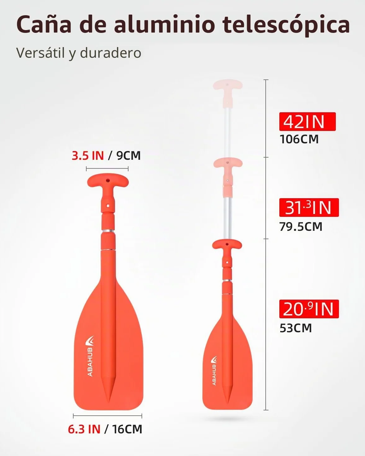 Abahub Remo Telescópico 53-106cm Emergencia Mango en T Timón Ligero Auxiliar Eje Aluminio para Kayak Inflable Azul Naranja Amarillo