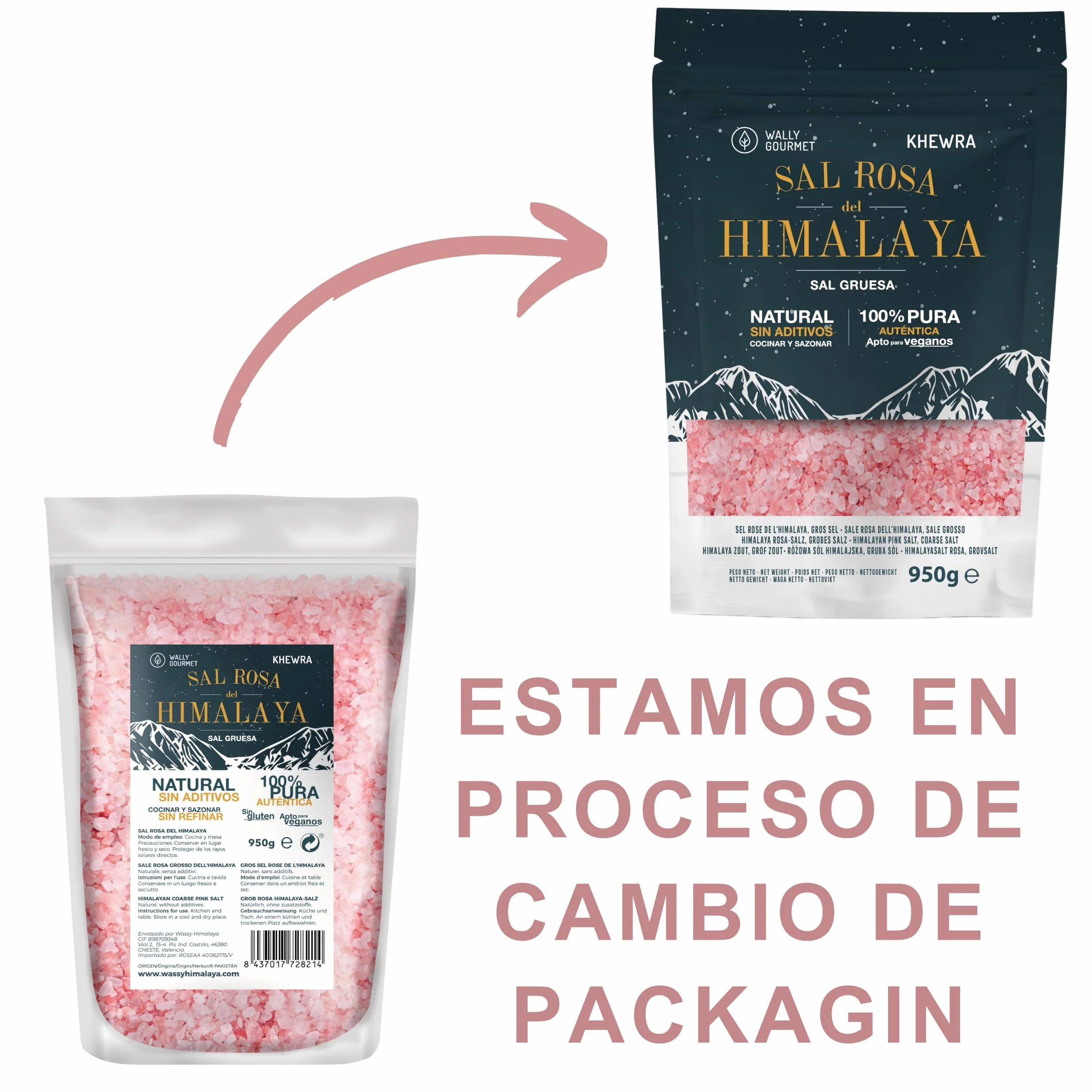 WALLY GOURMET Sal Rosa Del Himalaya Gruesa. 100% Natural, Sin Aditivos, Sin Refinado. Mayor Contenido En Oligoelementos. Para Sazonar Y Condimentar. Origen: Pakistán (950gr.)