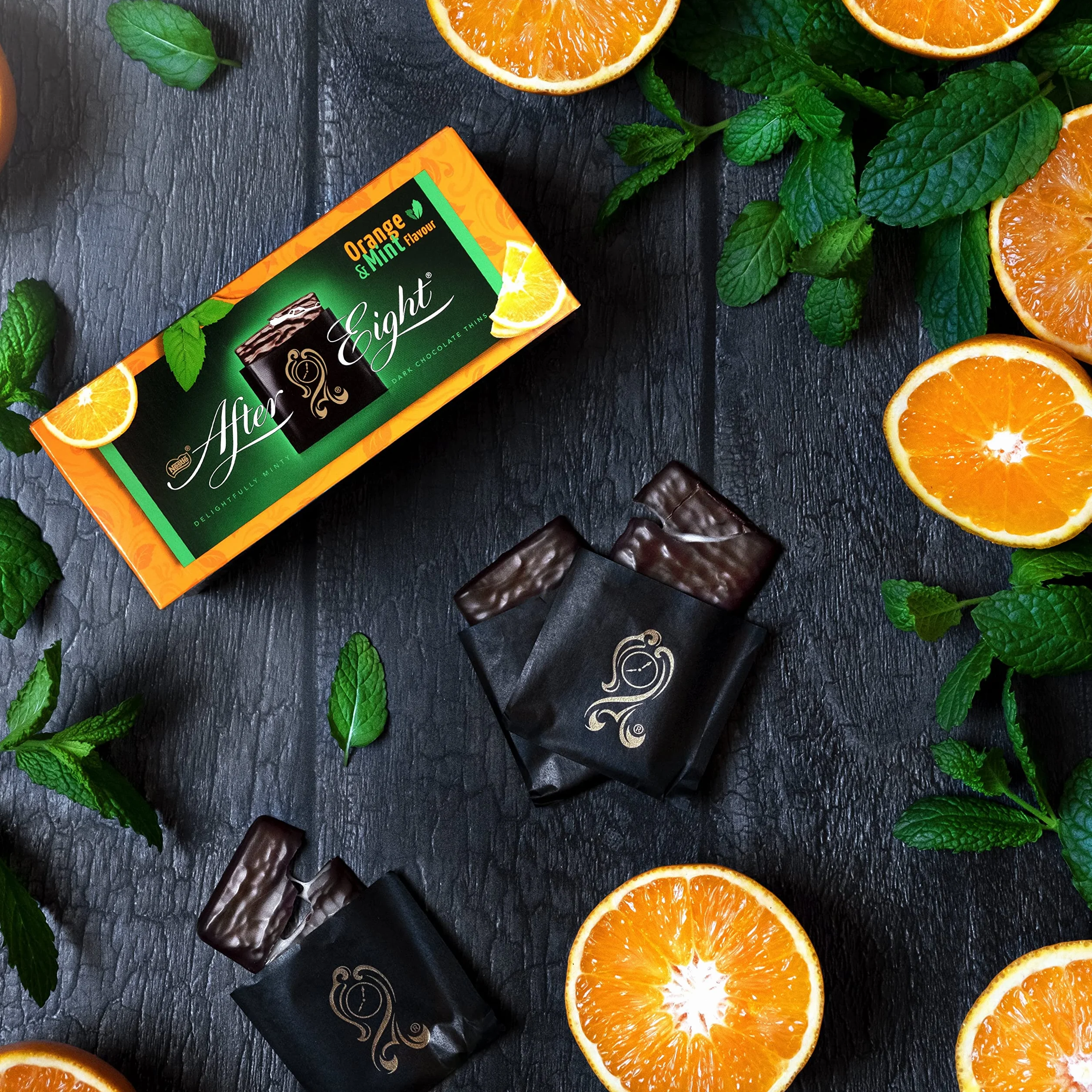 After Eight Láminas de Chocolate Negro con Interior de Menta y Naranja, 200g