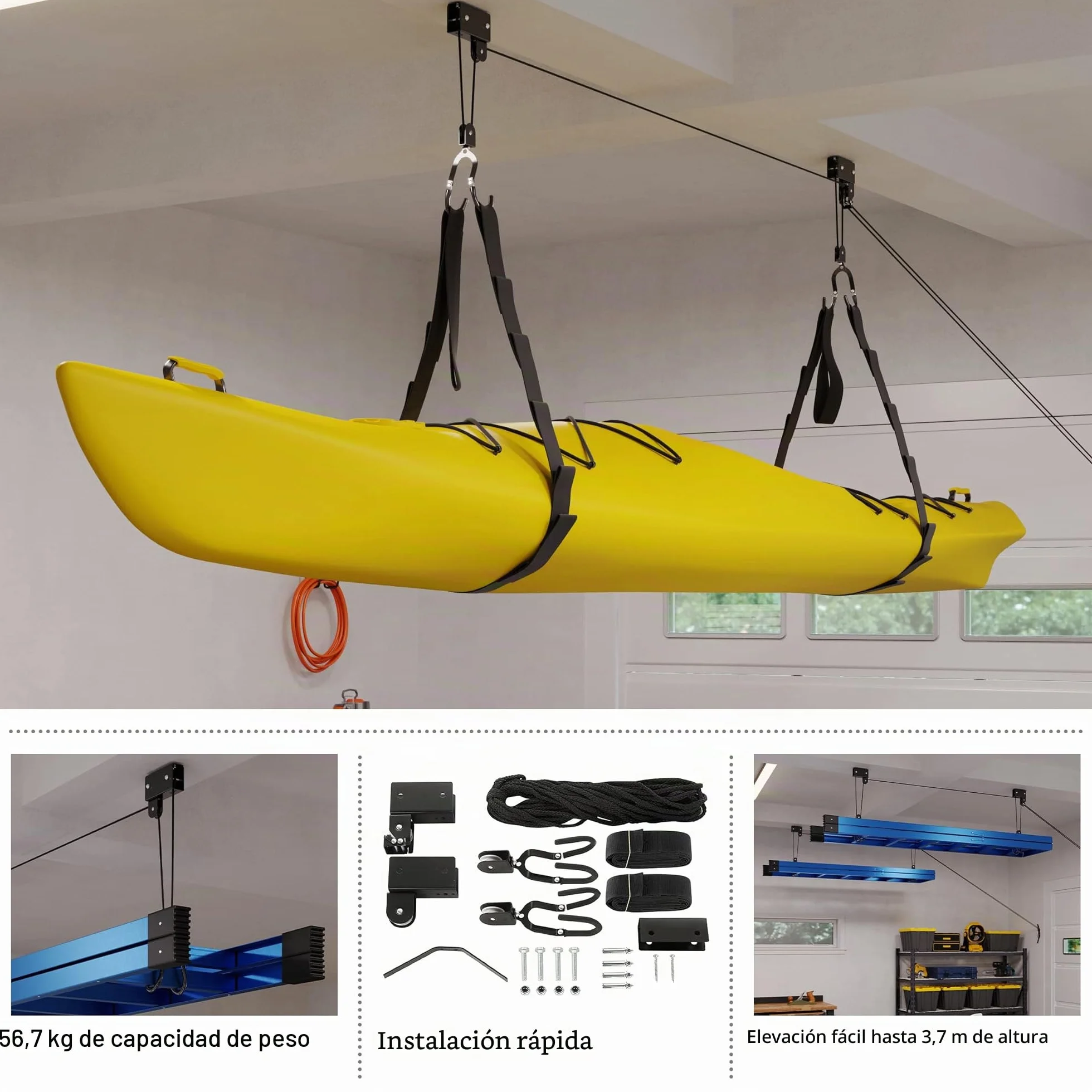 Sistema de polea Superior para Kayak, Canoa, Bicicleta o Escalera 125 Libras