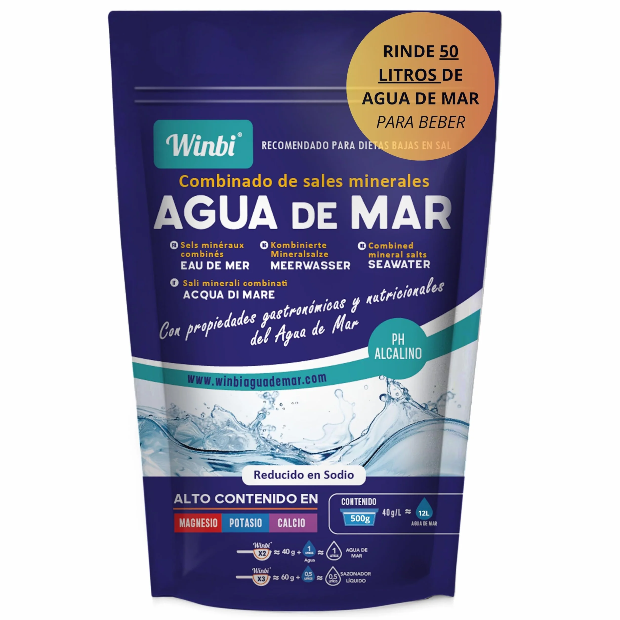 50 LITROS De Agua De Mar Winbi Para Beber. Múltiples Beneficios Al Cuerpo. Agua Marina Con Alto Contenido En Magnesio, Potasio Y Calcio. (500Gr)
