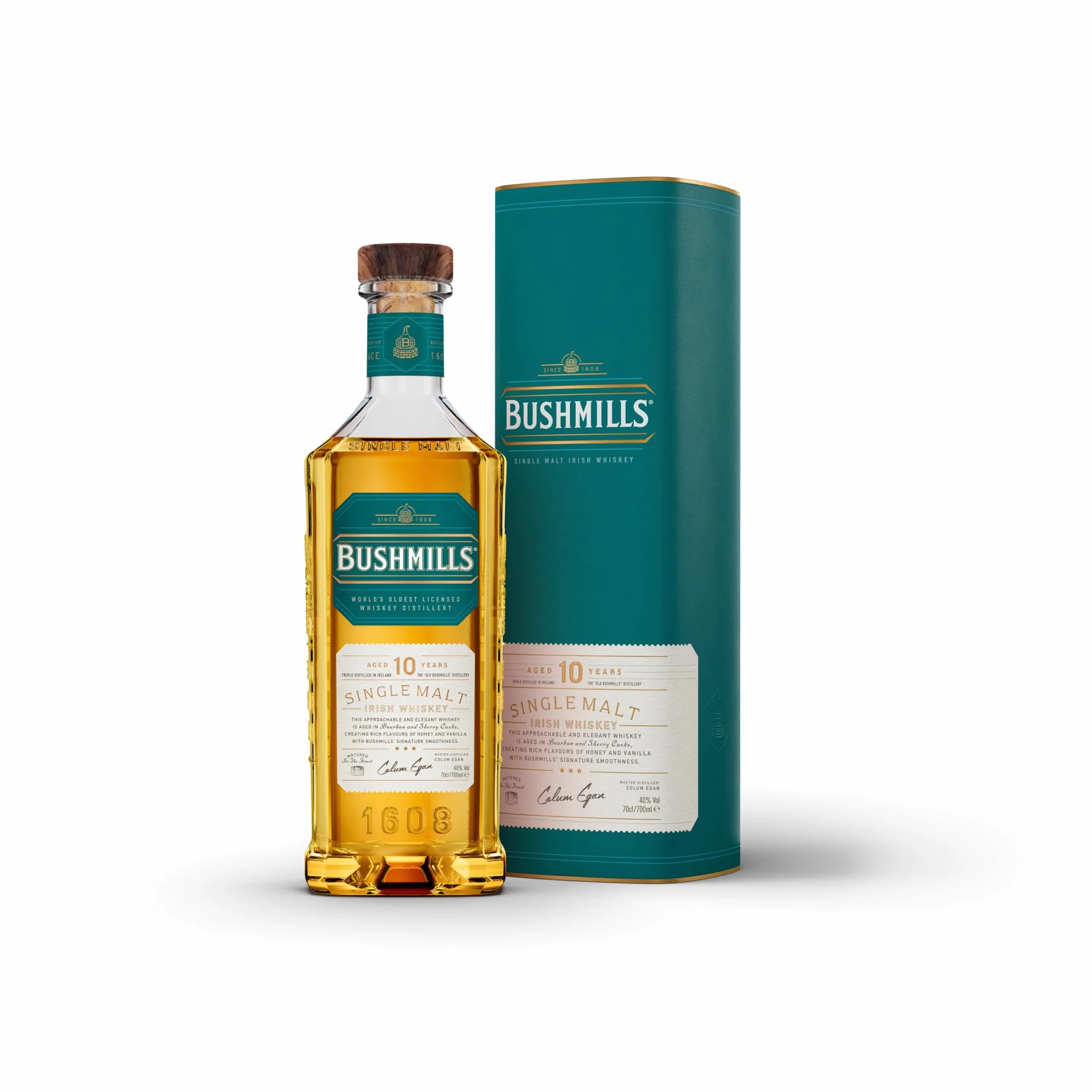 Bushmills - Whiskey Irlandés 10 años - Single Malt Triple Destilado - Whisky Premium - Madurado en barrica de Bourbon y Bota de Jerez según la tradición desde 1608 - 700ml - 40º