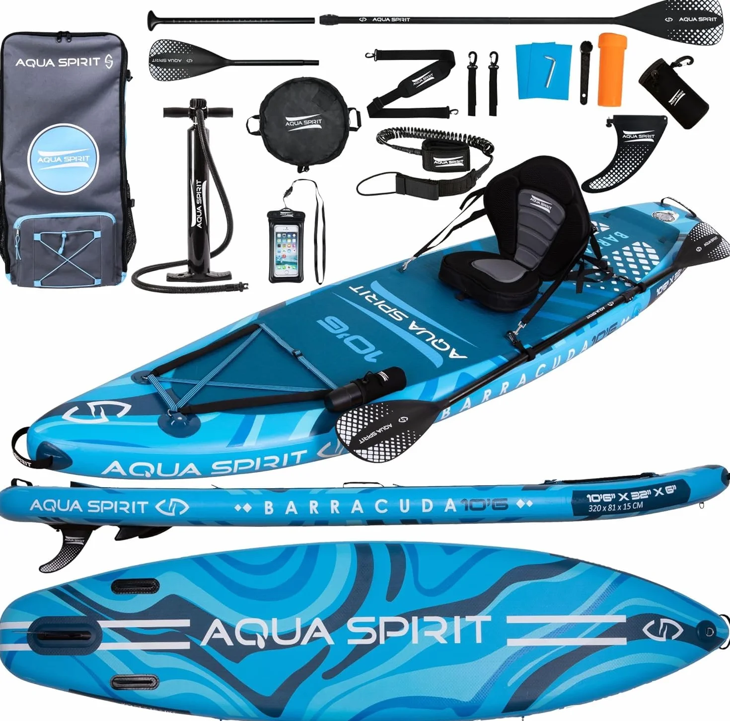 AQUA SPIRIT 320x79x15cm Sup Tabla Hinchable de Paddle Surf Kit de Conversión de Kayak con Pala Ajustable de Aluminio