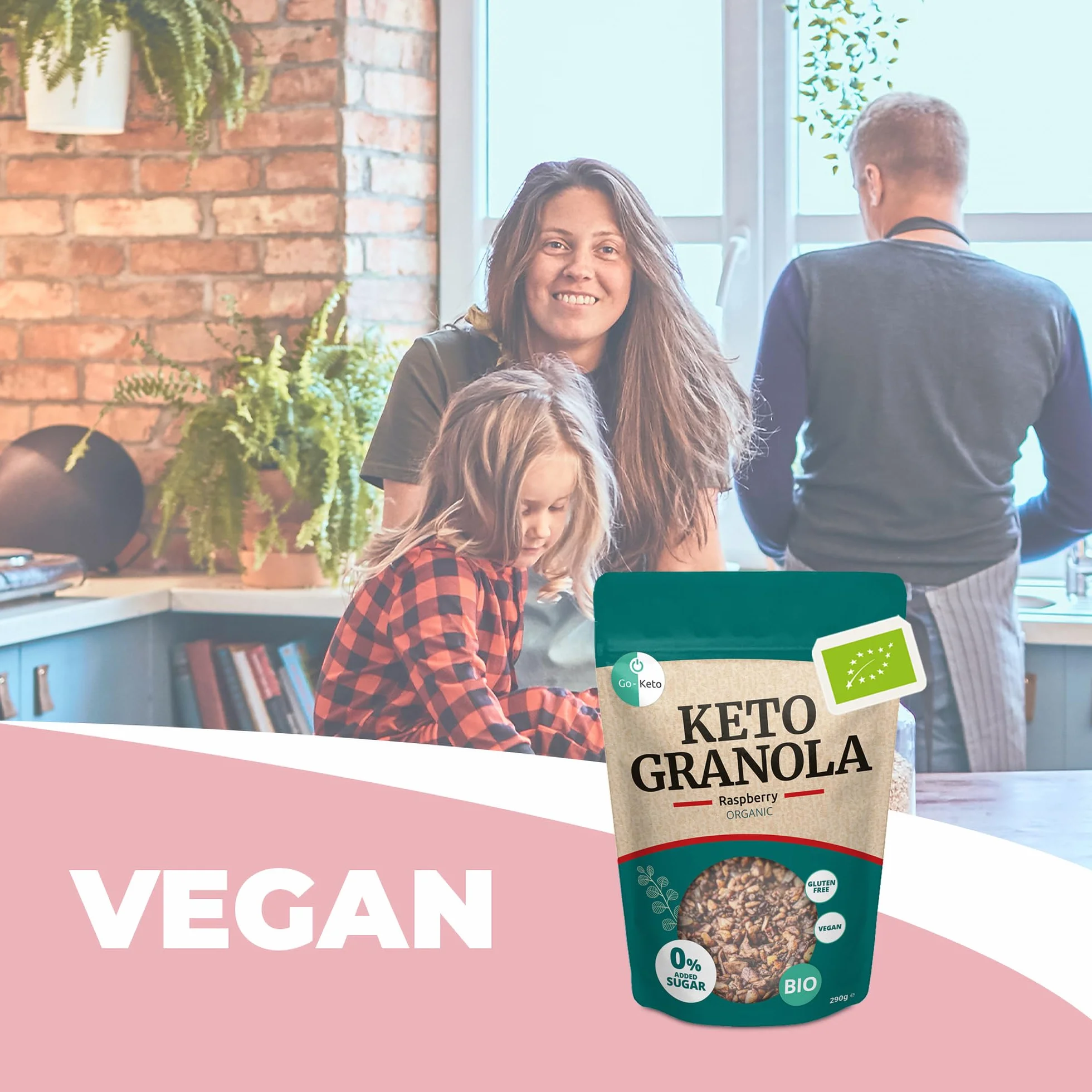 Go-Keto BIO Keto Granola Raspberry 6x 290g - Low Carb Keto Muesli para un delicioso desayuno keto, con chips de coco, nueces, frutas, semillas de girasol y de calabaza, vegan, sin gluten, sin lactosa