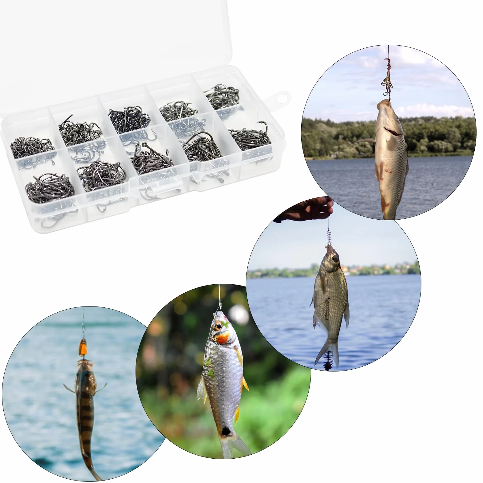VIPMOON Anzuelos de Pesca de Púas Gancho Afilado de Acero al Carbono con Caja de Plástico para Agua Salada Dulce