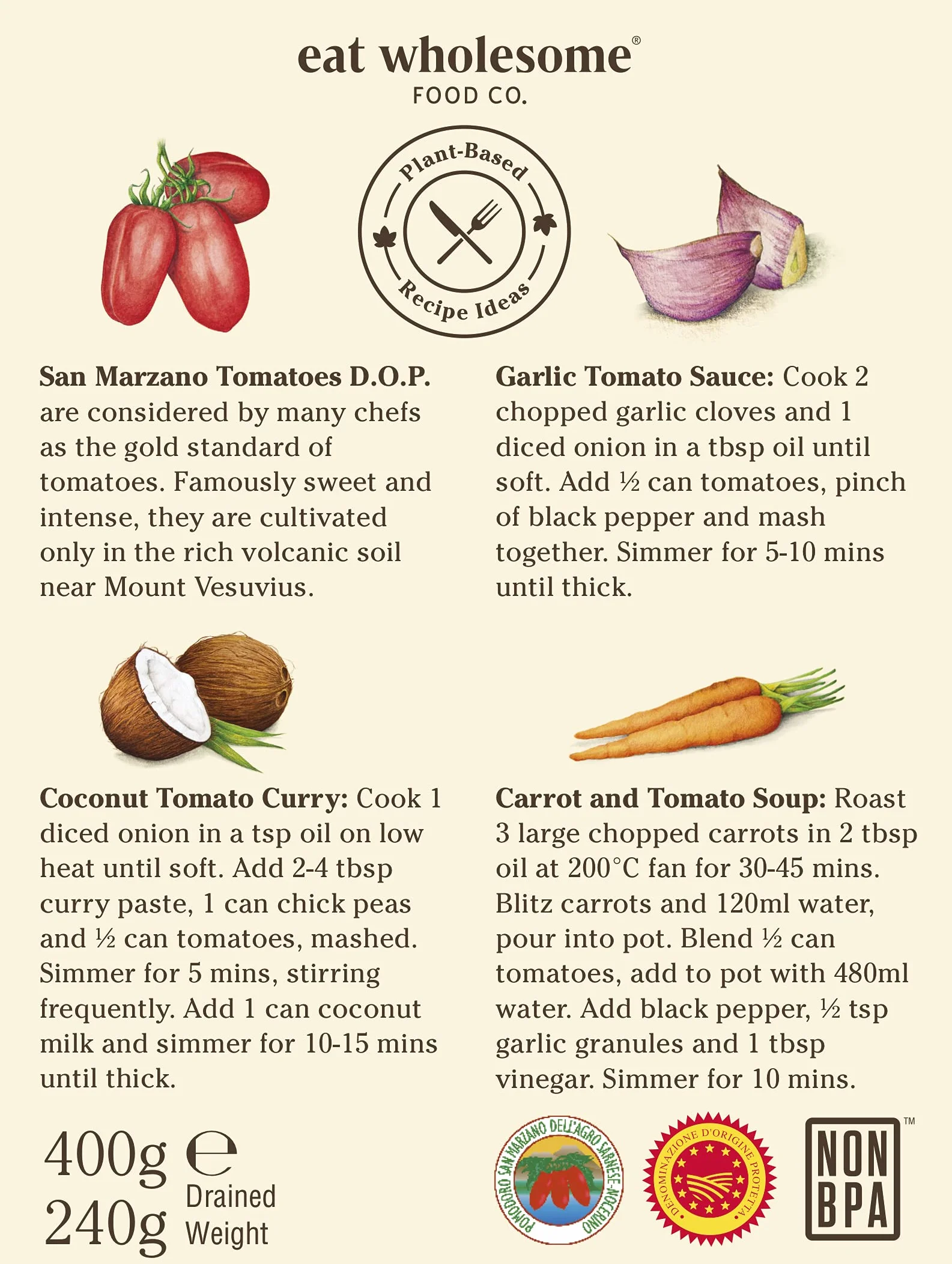 Eat Wholesome Tomates San Marzano DOP, 400g (Paquete De 12) - Naturalmente Dulces, Perfectos Para Salsas De Pasta, Salsas De Pizza Y Más, Veganos, Revestimiento Sin BPA