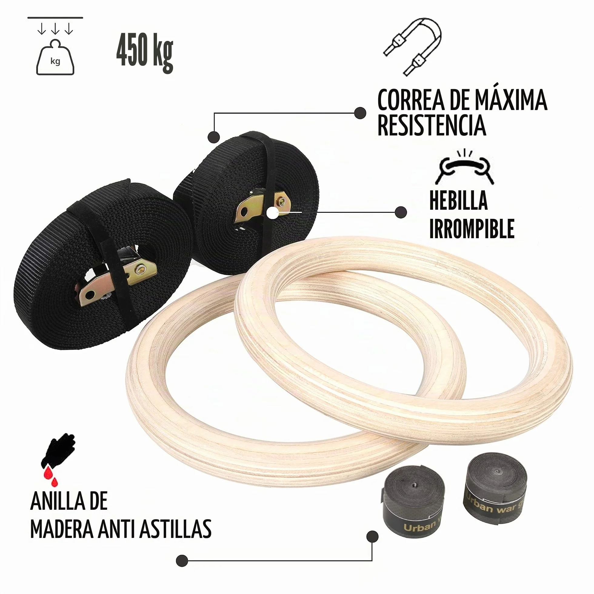 CCLIFE Anillos de Gimnasia de Madera con Correas Hebillas Ajustable, 28mm, Carga 450KG