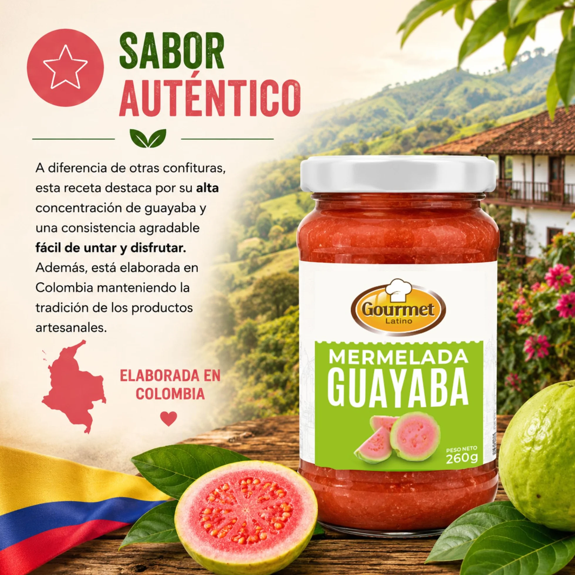 Gourmet Latino - Mermelada de Guayaba - 260 g - Ideal para Desayuno o Meriendas - Sabor Tropical Auténtico - Alto Contenido en Hidratos de Carbono