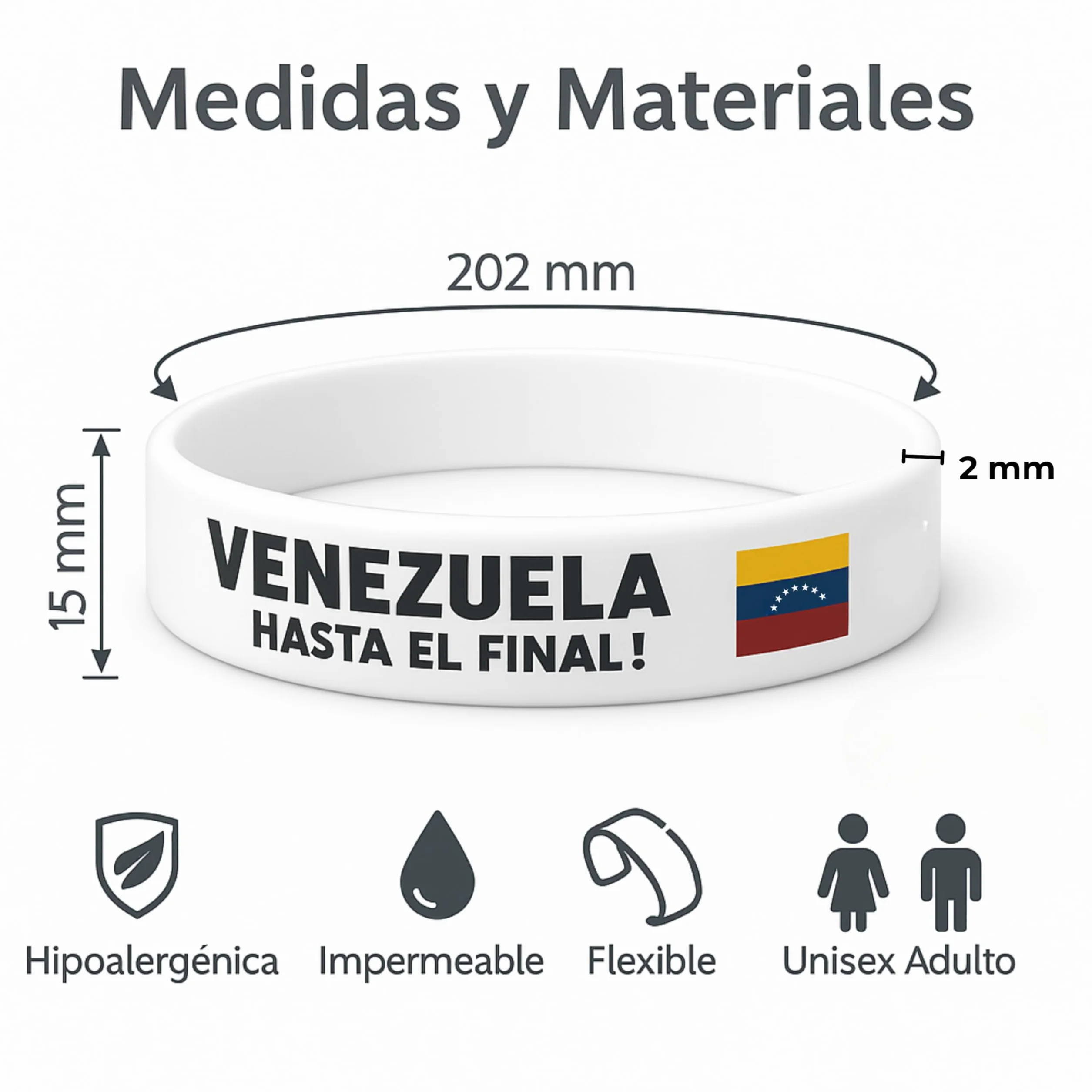 Bandera Venezuela 7 Estrellas Pulsera Silicona Premium 15 mm x 202 mm Negro Blanco Vinotinto