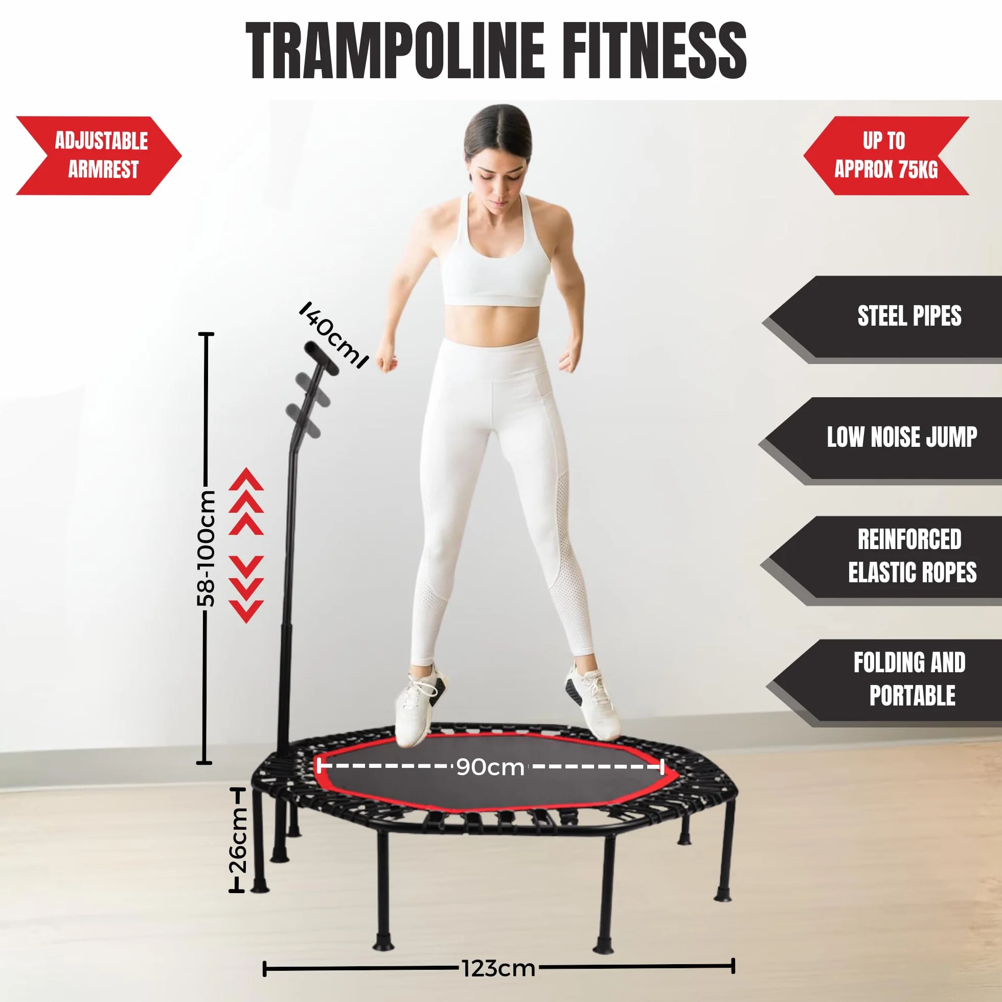 Trampolín Fitness Plegable Silencioso Ø90cm Octogonal con Apoyabrazos Ajustable para Adultos y Niños
