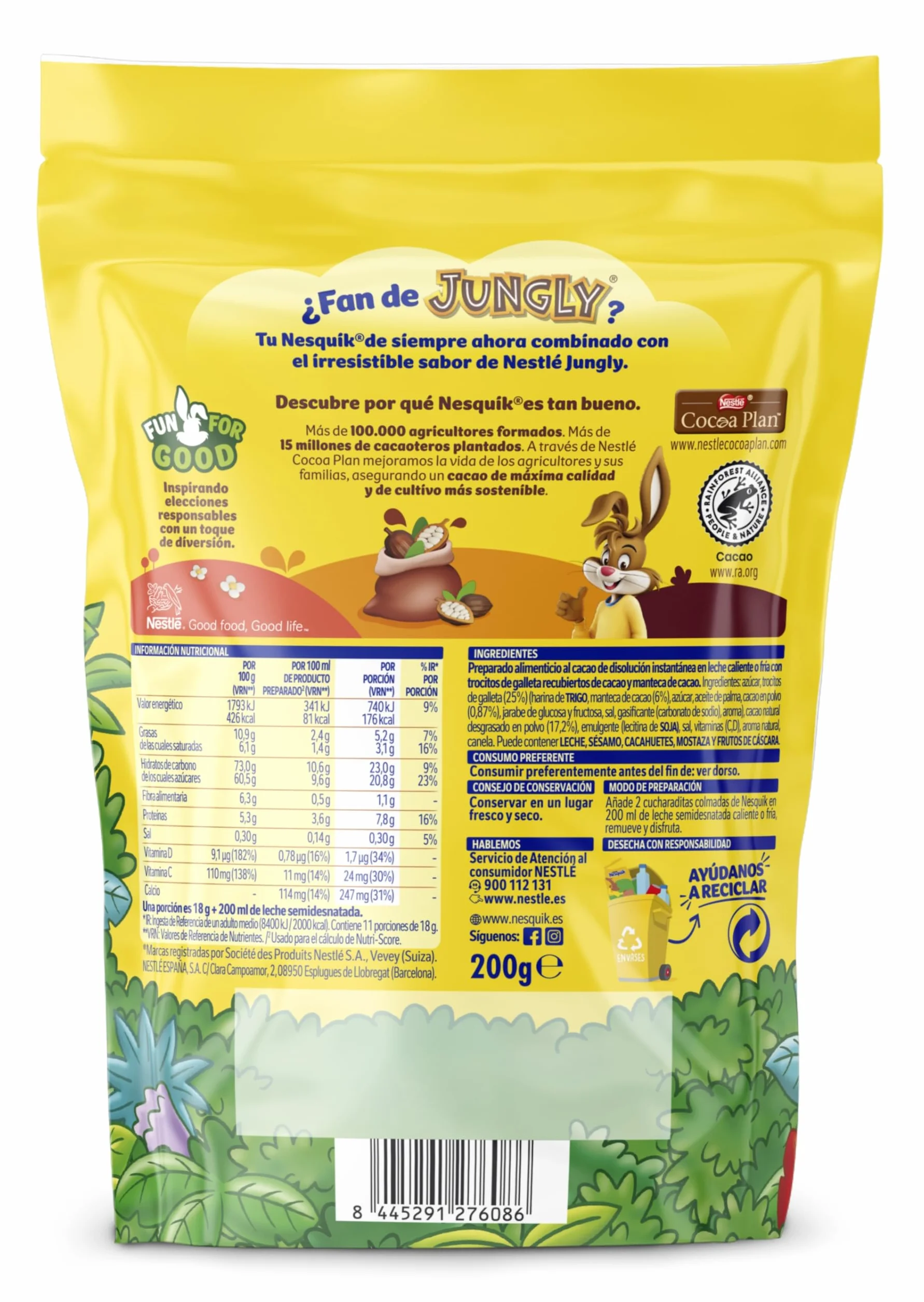 Nesquik Nestlé Jungly Cacao Soluble con trocitos de galleta, Bolsa de 200 g