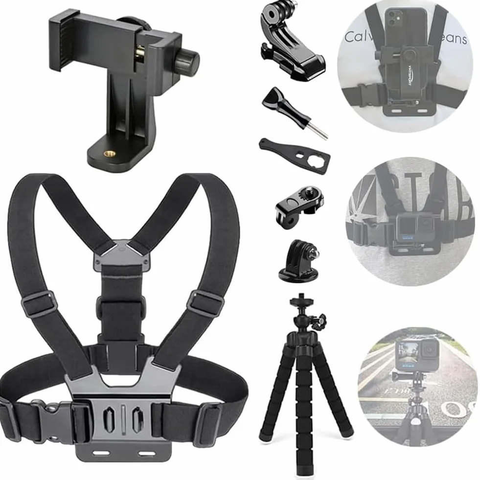 Arnés de Pecho para Cámara de Acción GoPro y Teléfono con Trípode Portátil
