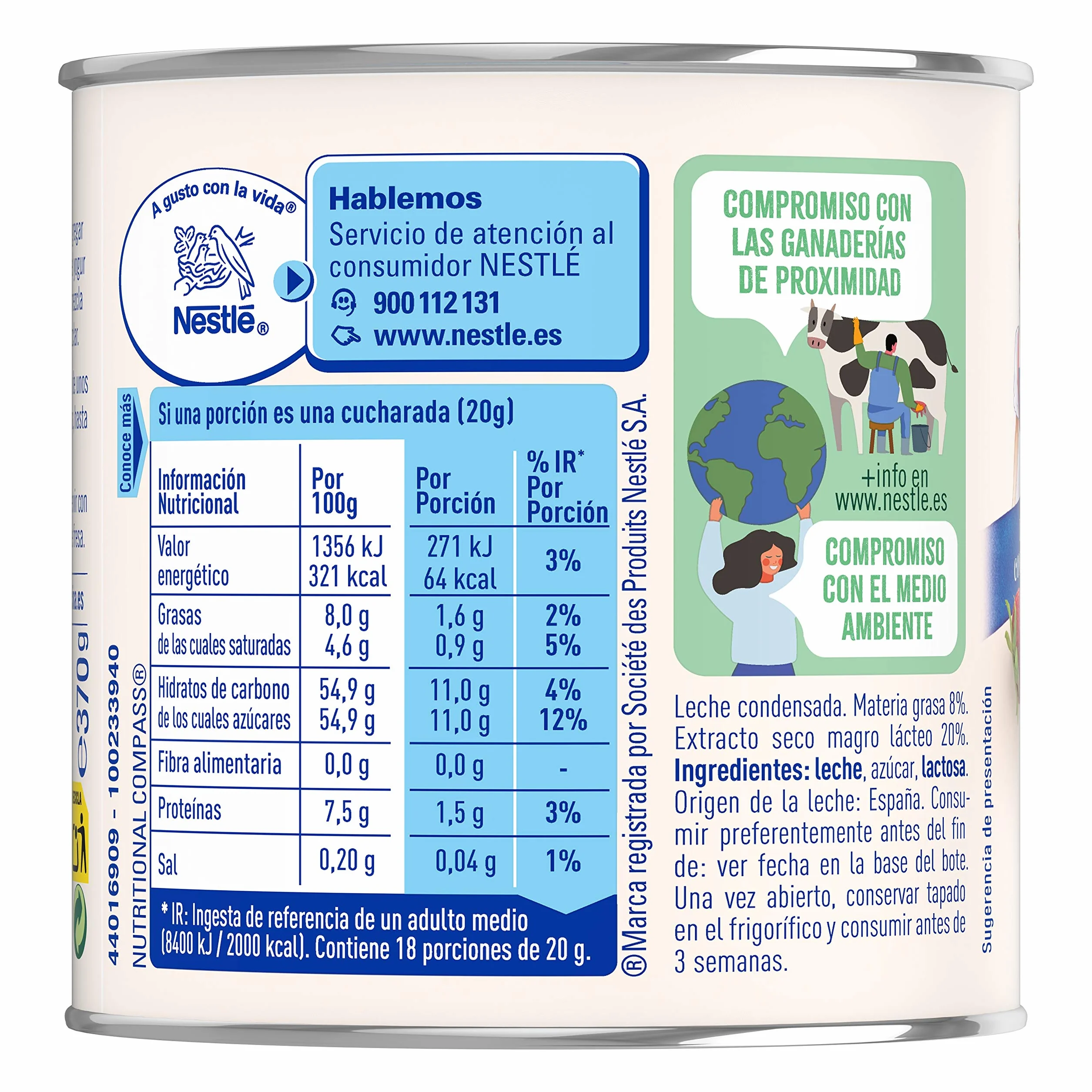 Nestlé La Lechera Leche condensada entera, Lata de 370 gr