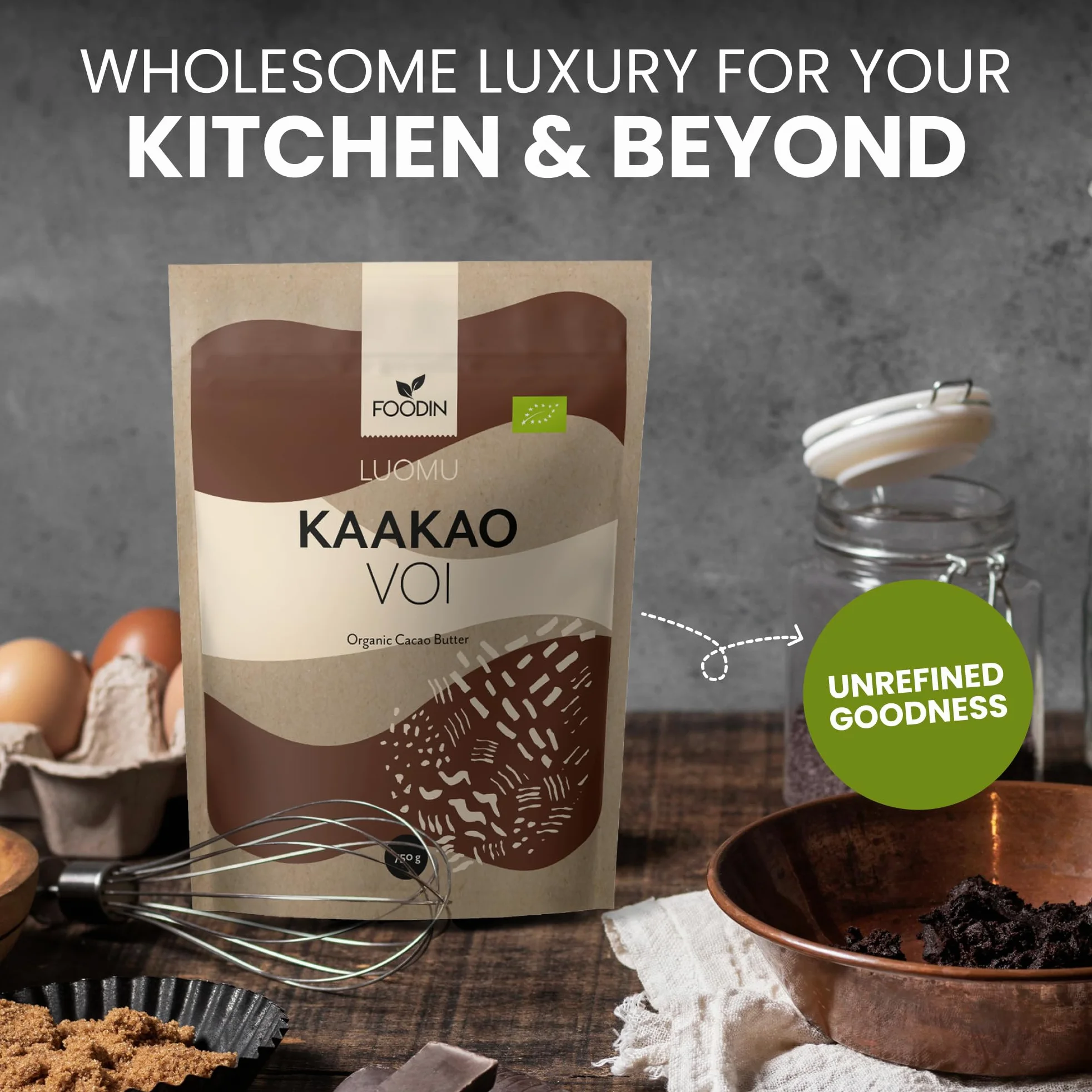 FOODIN Manteca de cacao ecológica — Kakaobutter pura para cuidado de la piel – Ideal para repostería, postres y cocina – Aroma suave y nutritivo – 750 g