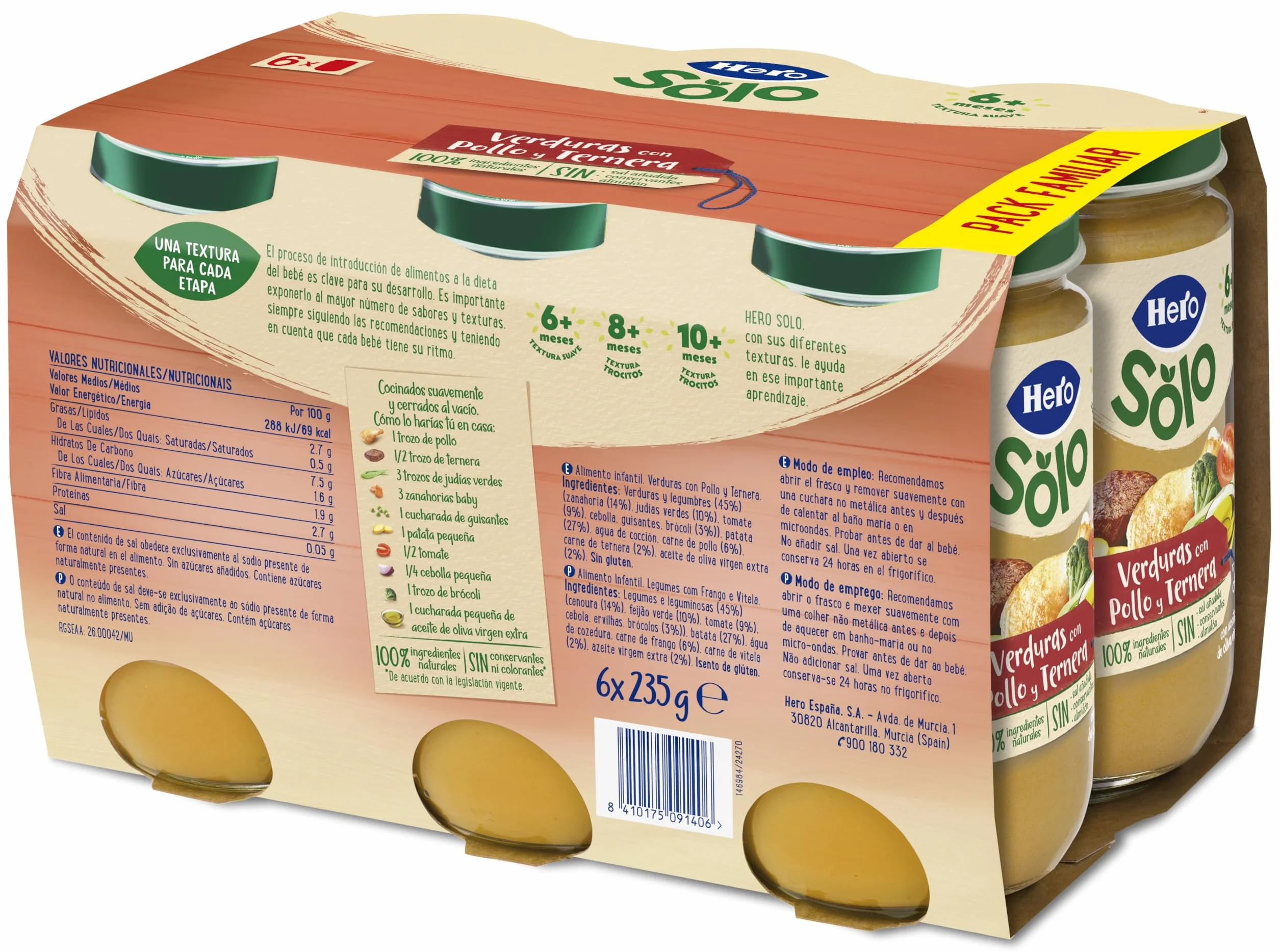 Hero Solo, Tarrito de Verduras con Pollo y Ternera, Desde 6 Meses, 100% Natural, Sin Azúcar Añadido ni Almidón, Calidad Baby Garantizada, 235g x 6 unidades
