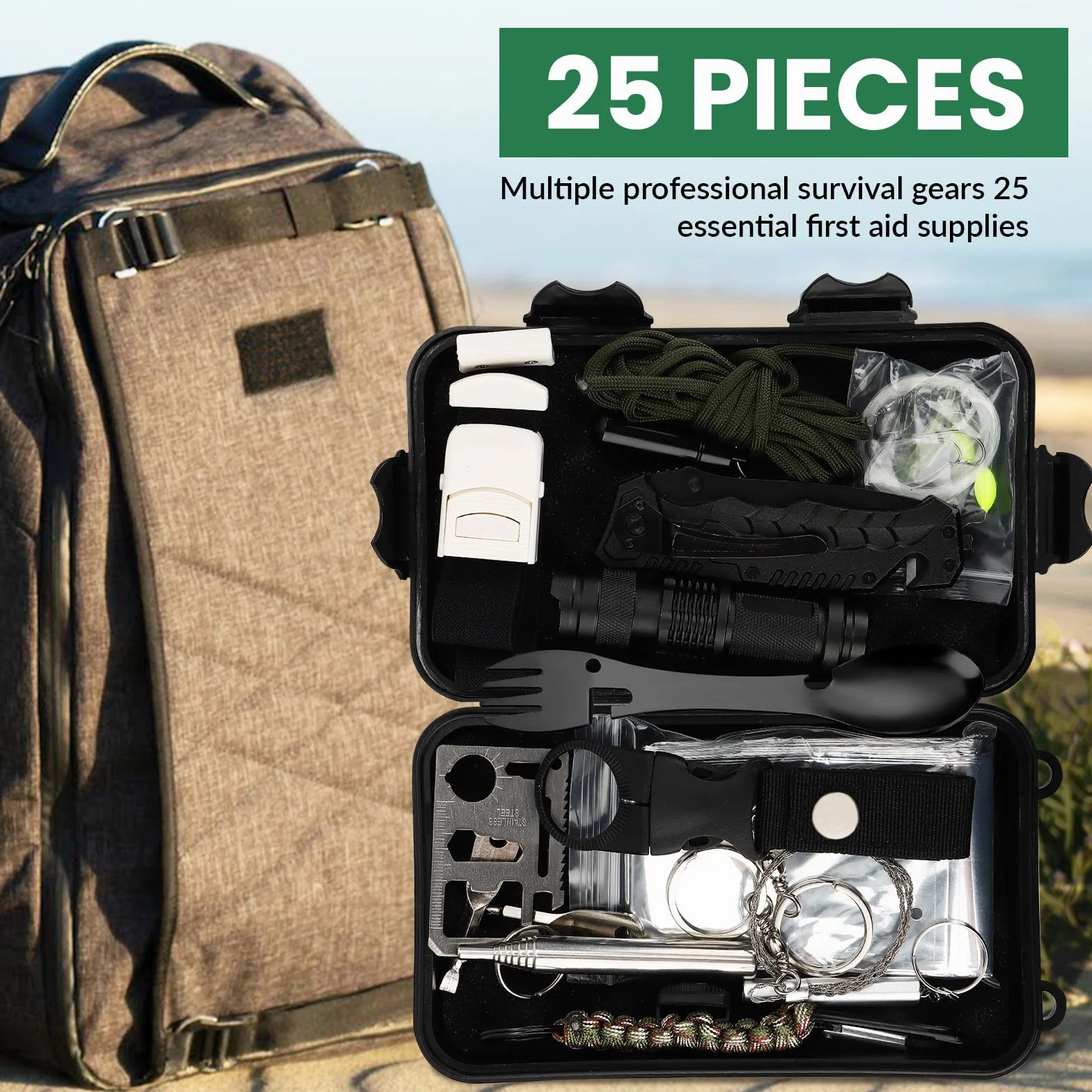 Kit de Supervivencia 25 en 1 Equipo Táctico Multifuncional para Senderismo Montañismo