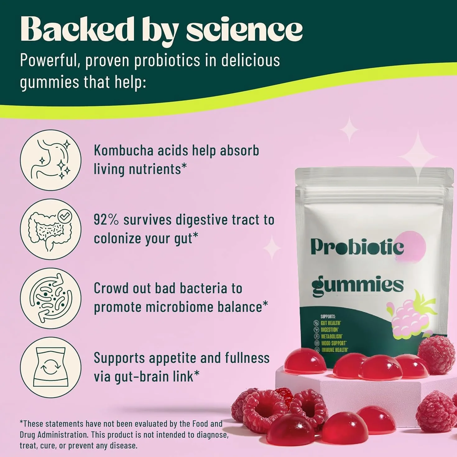 Gomita probiótica Kombucha - para hinchazón, salud intestinal - Probióticos para mujeres y hombres - Vegano, sin OGM