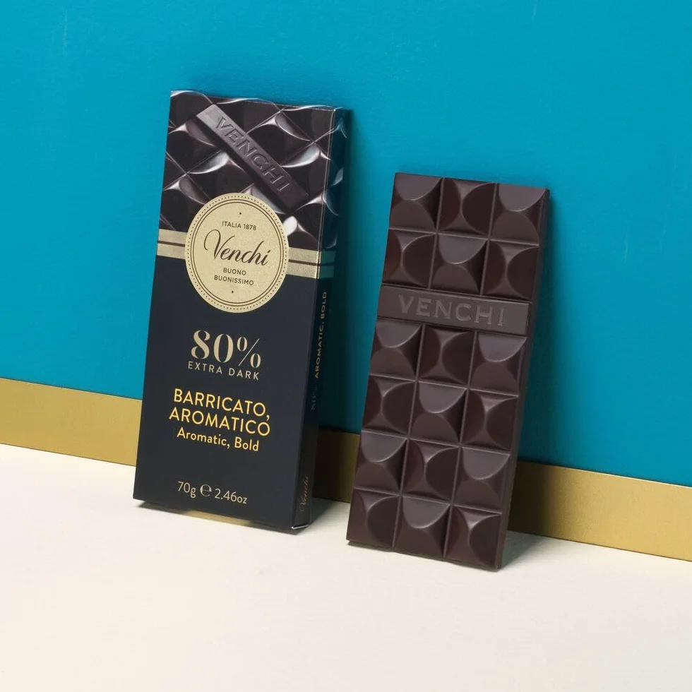 Venchi - Tableta de Chocolate Extra Fondant Aroma Barrica, 80%, 70 g - Con Mezclas de Cacao Seleccionadas - Sin Gluten - Vegano